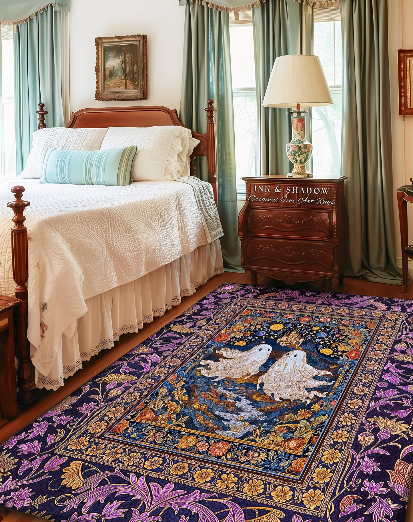 Rosy Aesthetic Celestial Ghost Rug | Gothic Ghost Lovers Bedroom Spooky Season Decor Witchy Style Fantasy Accent Baroque Fairytale Whimsy |