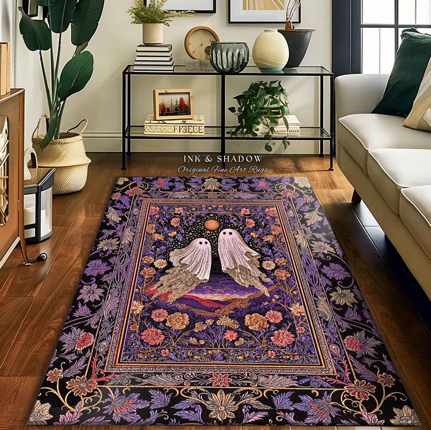 Mystic Sunset Spooky Area Rug | Mauve Pink Halloween Ghost Accent Gothic Fairytale Bedroom Cottagecore Witchcore Fall Aesthetic Whimsy Decor