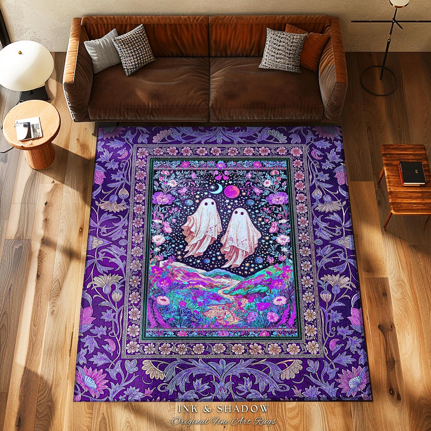 Cosmic Purple Ghost Landscape Rug | Ethereal Landscape Whimsical Accent Rug Cottagecore Halloween Bedroom Fairycore Aesthetic Floral Decor |