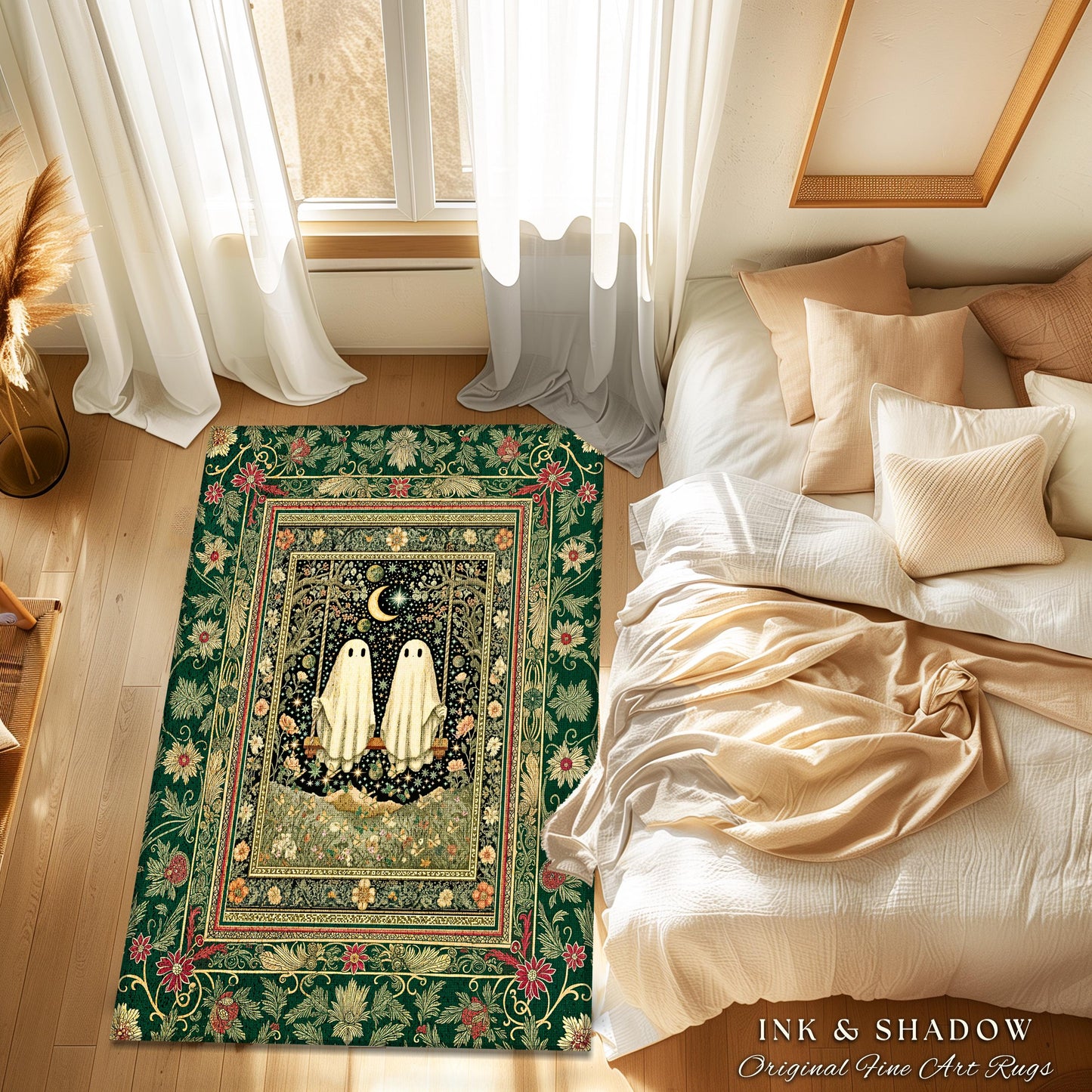 Golden Enchantment Floral Ghost Rug | Gothic Lovers Area Rug Gothic Bedroom Accent 'Til Death do us Part Mystical Decor Botanical Garden |