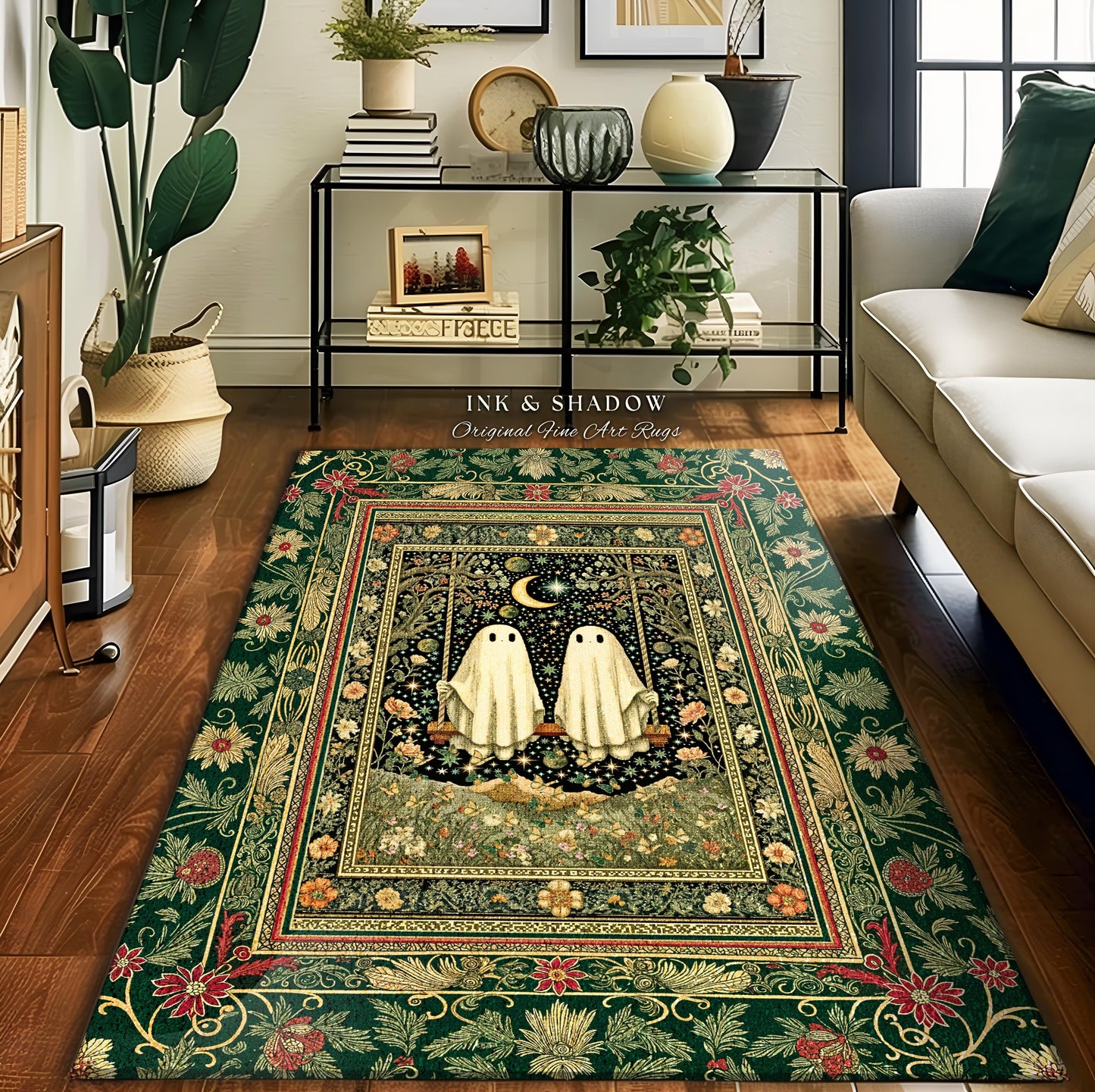Golden Enchantment Floral Ghost Rug | Gothic Lovers Area Rug Gothic Bedroom Accent 'Til Death do us Part Mystical Decor Botanical Garden |