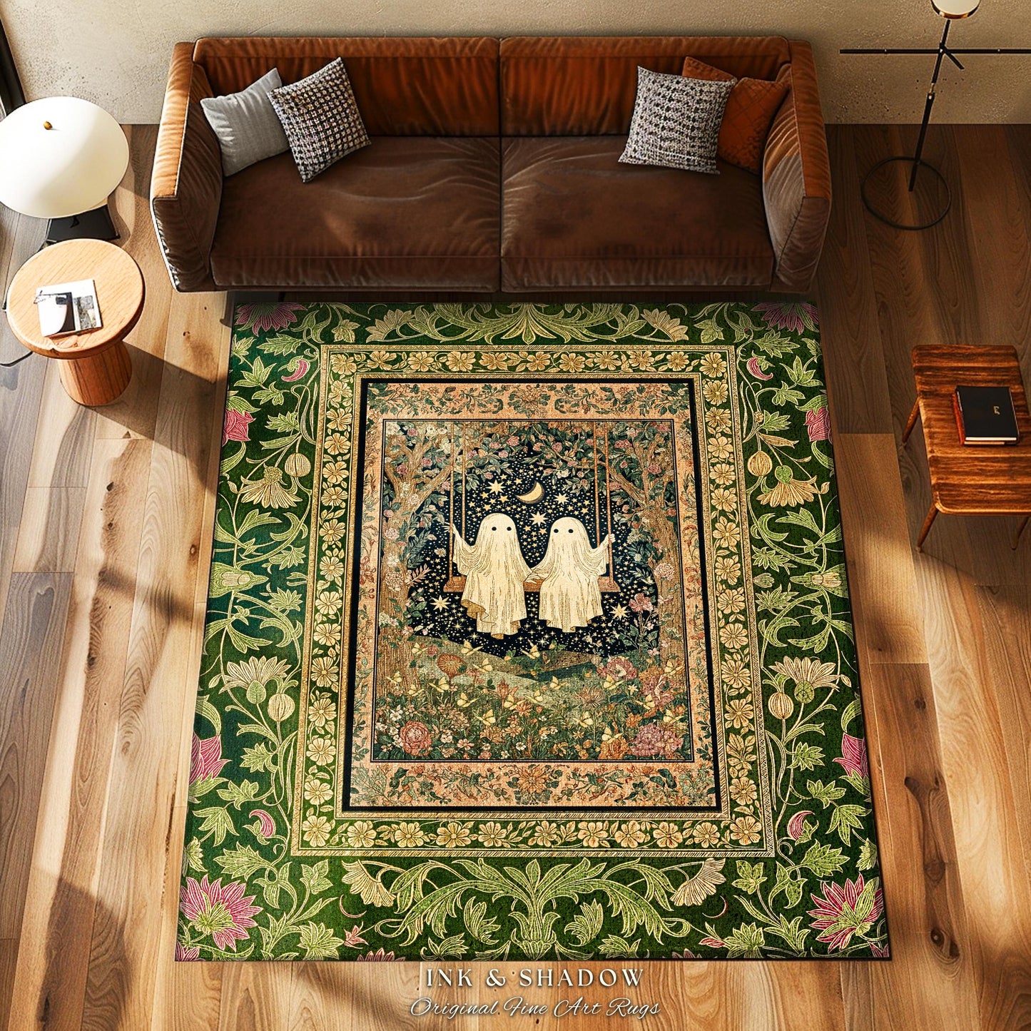 Ghost Lovers on a Swing Rug | Ethereal Moonlit Lovers Area Rug Whimsical Bedroom Accent Mystical Aesthetic Gothic Witchy Fairycore Accent |