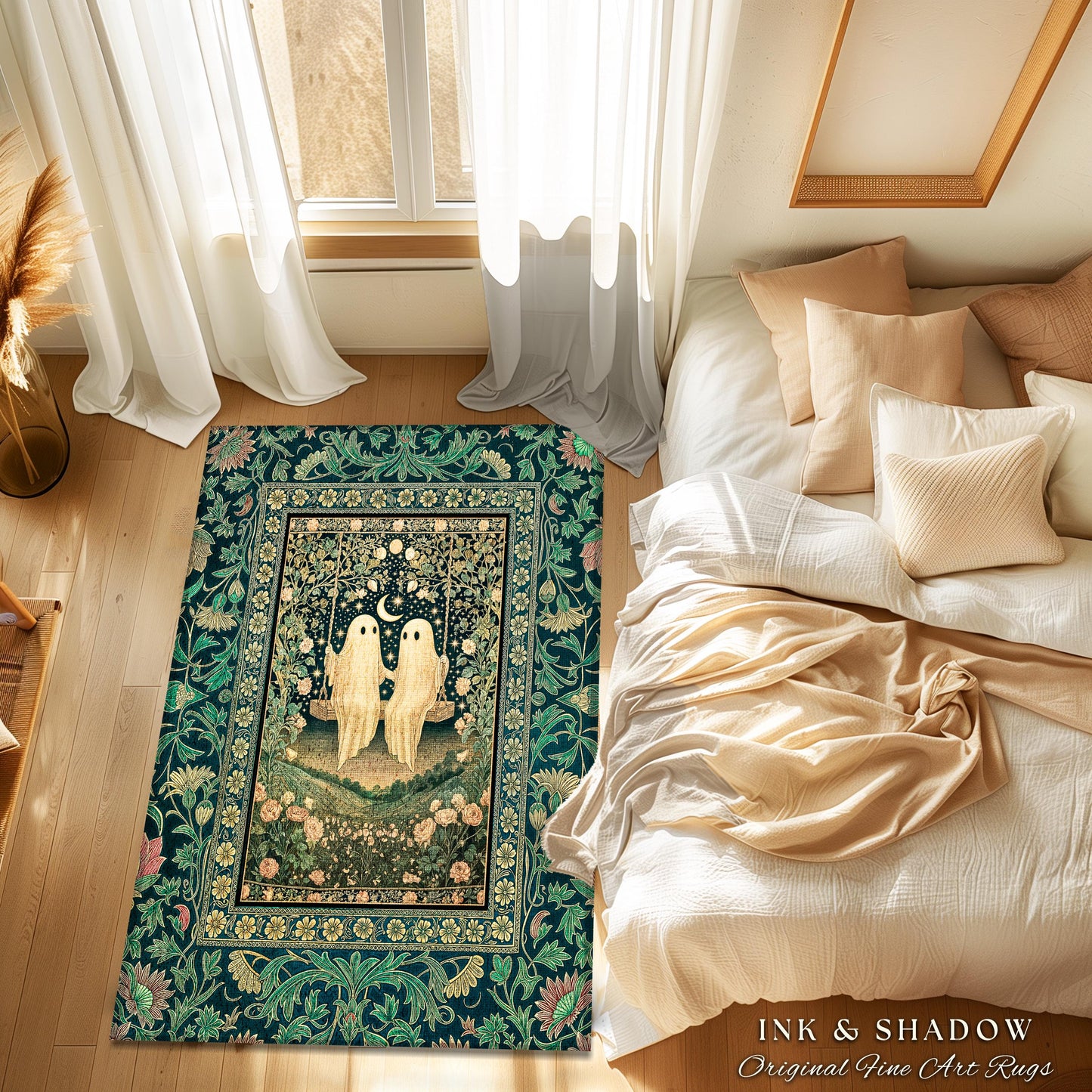 Eternally Yours Ghost Couple Rug | Haunted Lovers Area Rug Mystical Bedroom Accent Cozy Gothic Whimsy Botanical Garden Spooky Cute Spirits
