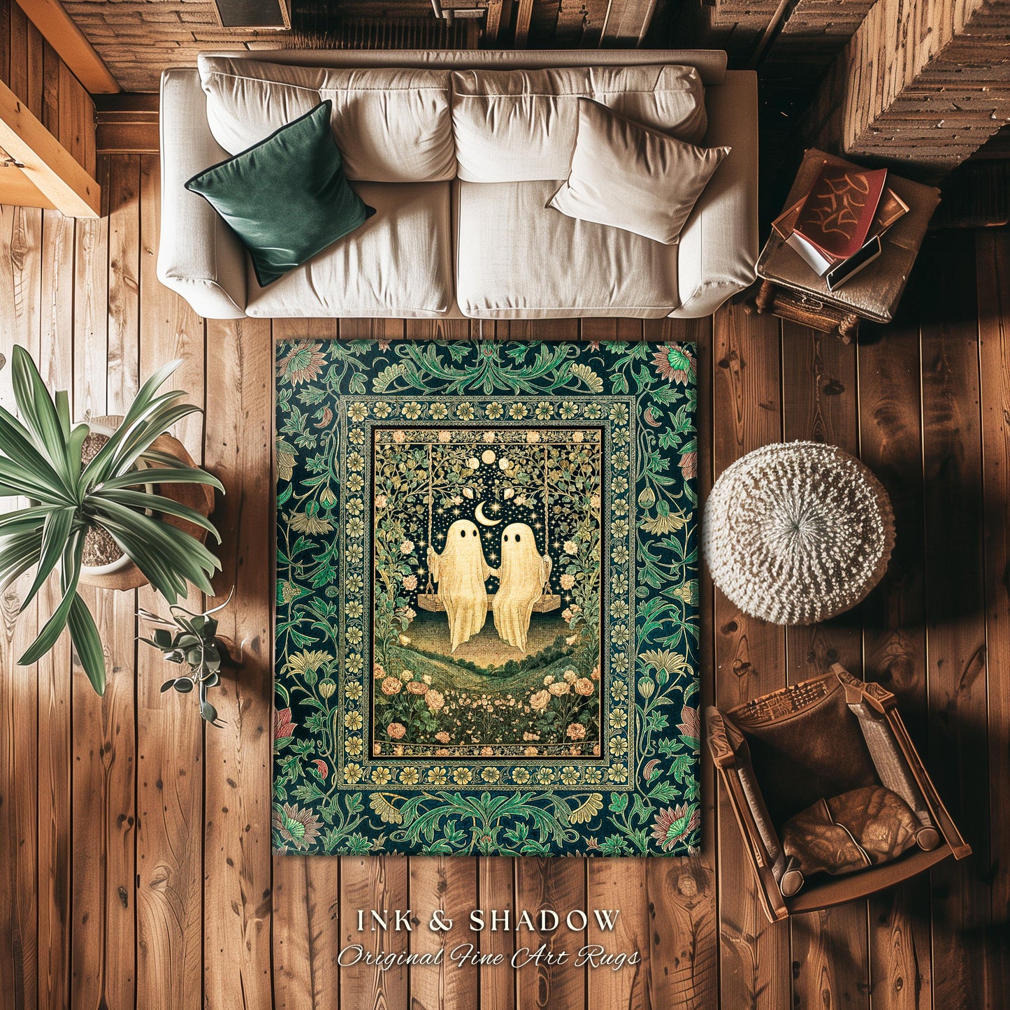 Eternally Yours Ghost Couple Rug | Haunted Lovers Area Rug Mystical Bedroom Accent Cozy Gothic Whimsy Botanical Garden Spooky Cute Spirits