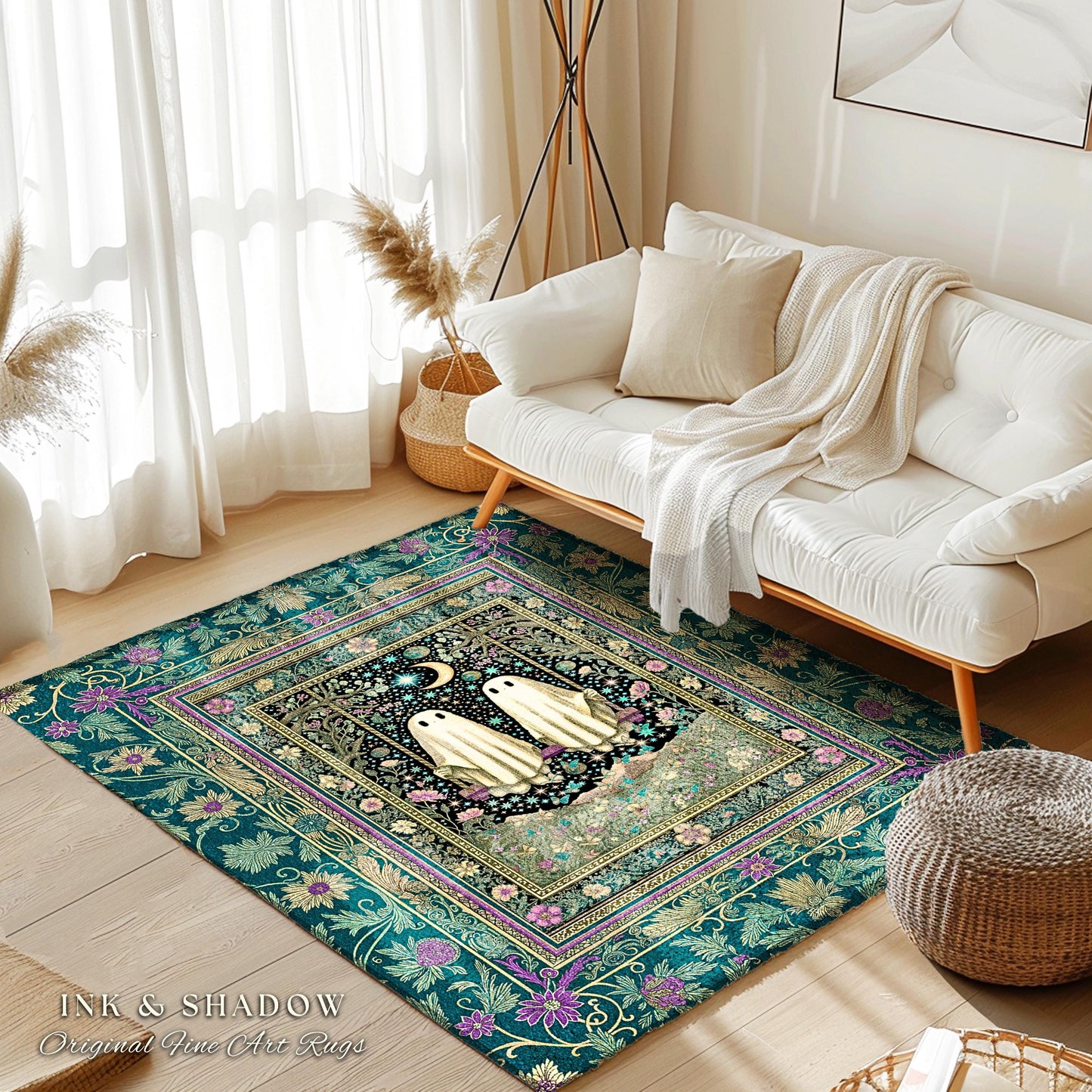 Cute Ghost Friends Area Rug | Moonlit Spirits Floral Forestcore Accent Autumn Gothic Spirit Decor Celestial Botanical Witchcore Aesthetic |