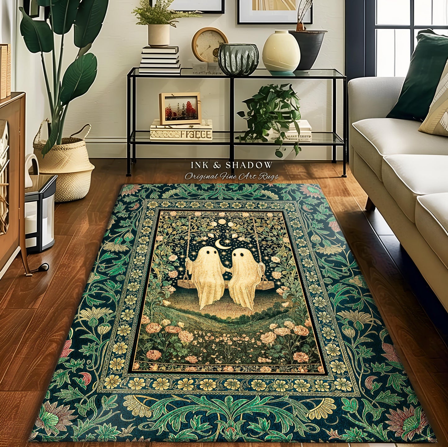 Eternally Yours Ghost Couple Rug | Haunted Lovers Area Rug Mystical Bedroom Accent Cozy Gothic Whimsy Botanical Garden Spooky Cute Spirits