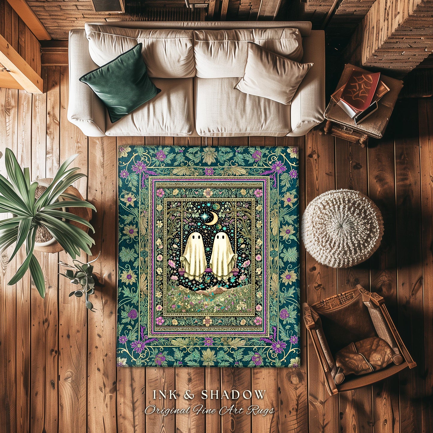 Cute Ghost Friends Area Rug | Moonlit Spirits Floral Forestcore Accent Autumn Gothic Spirit Decor Celestial Botanical Witchcore Aesthetic |