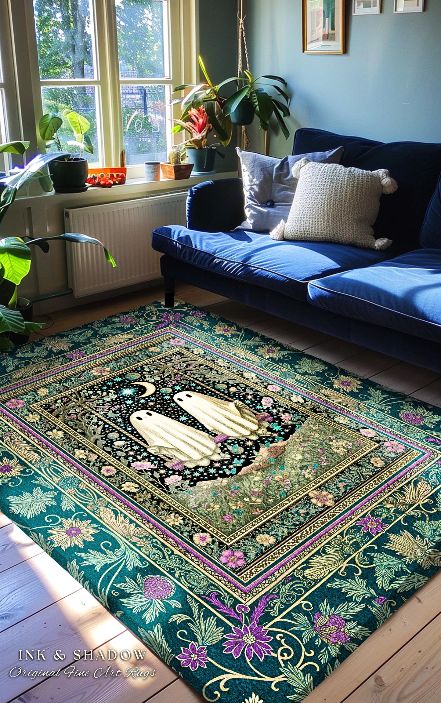 Cute Ghost Friends Area Rug | Moonlit Spirits Floral Forestcore Accent Autumn Gothic Spirit Decor Celestial Botanical Witchcore Aesthetic |