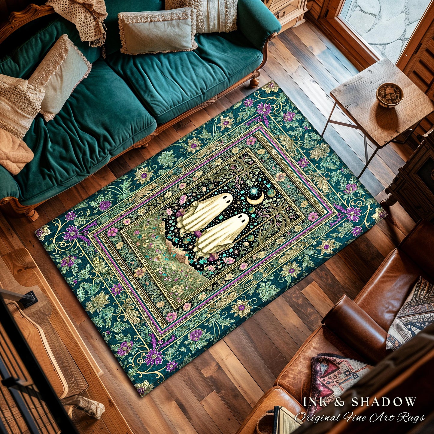 Cute Ghost Friends Area Rug | Moonlit Spirits Floral Forestcore Accent Autumn Gothic Spirit Decor Celestial Botanical Witchcore Aesthetic |