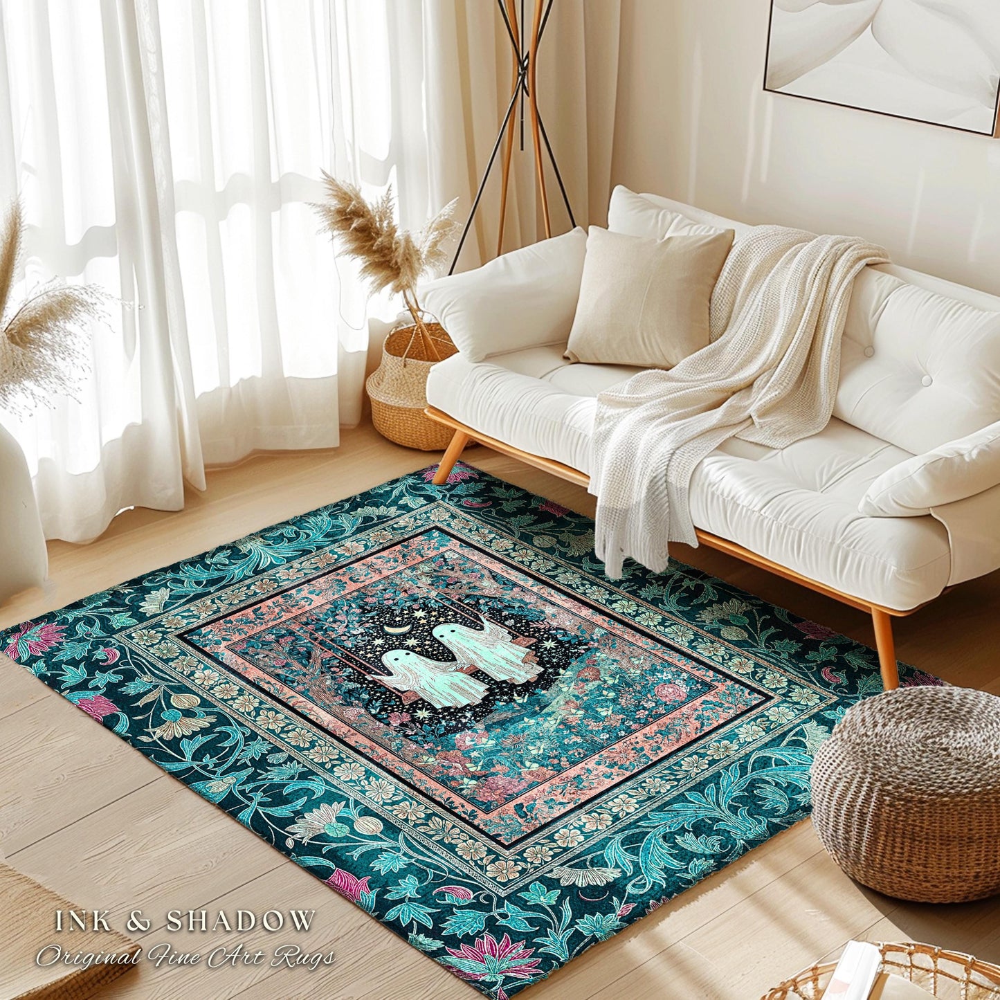 Starlit Ghost Swing Moody Area Rug | Celestial Bedroom Decor Autumn Aesthetic Dark Forest Gothic Accent Witchcore Cottagecore Fairytale Art