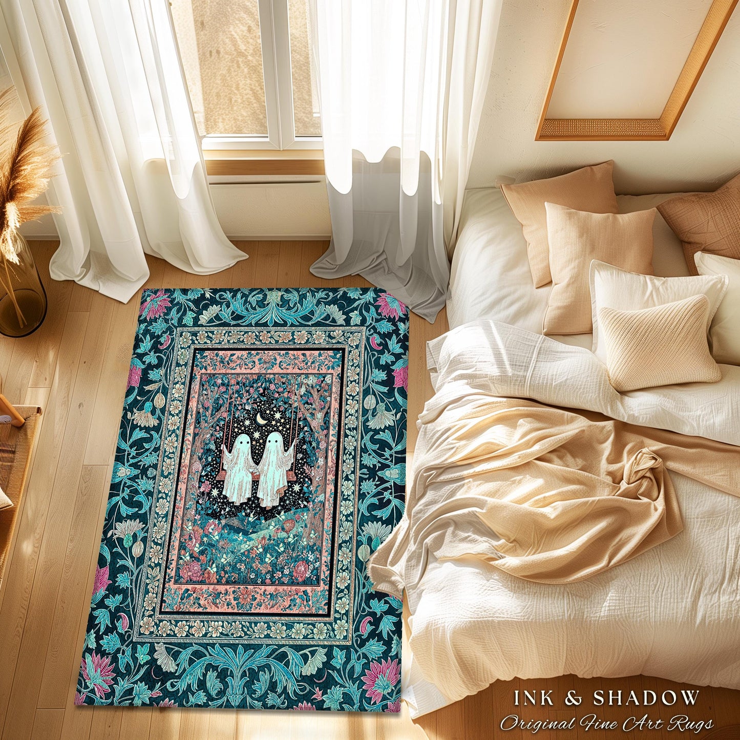Starlit Ghost Swing Moody Area Rug | Celestial Bedroom Decor Autumn Aesthetic Dark Forest Gothic Accent Witchcore Cottagecore Fairytale Art