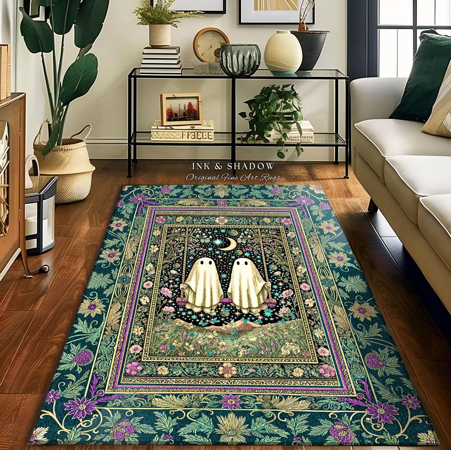 Cute Ghost Friends Area Rug | Moonlit Spirits Floral Forestcore Accent Autumn Gothic Spirit Decor Celestial Botanical Witchcore Aesthetic |