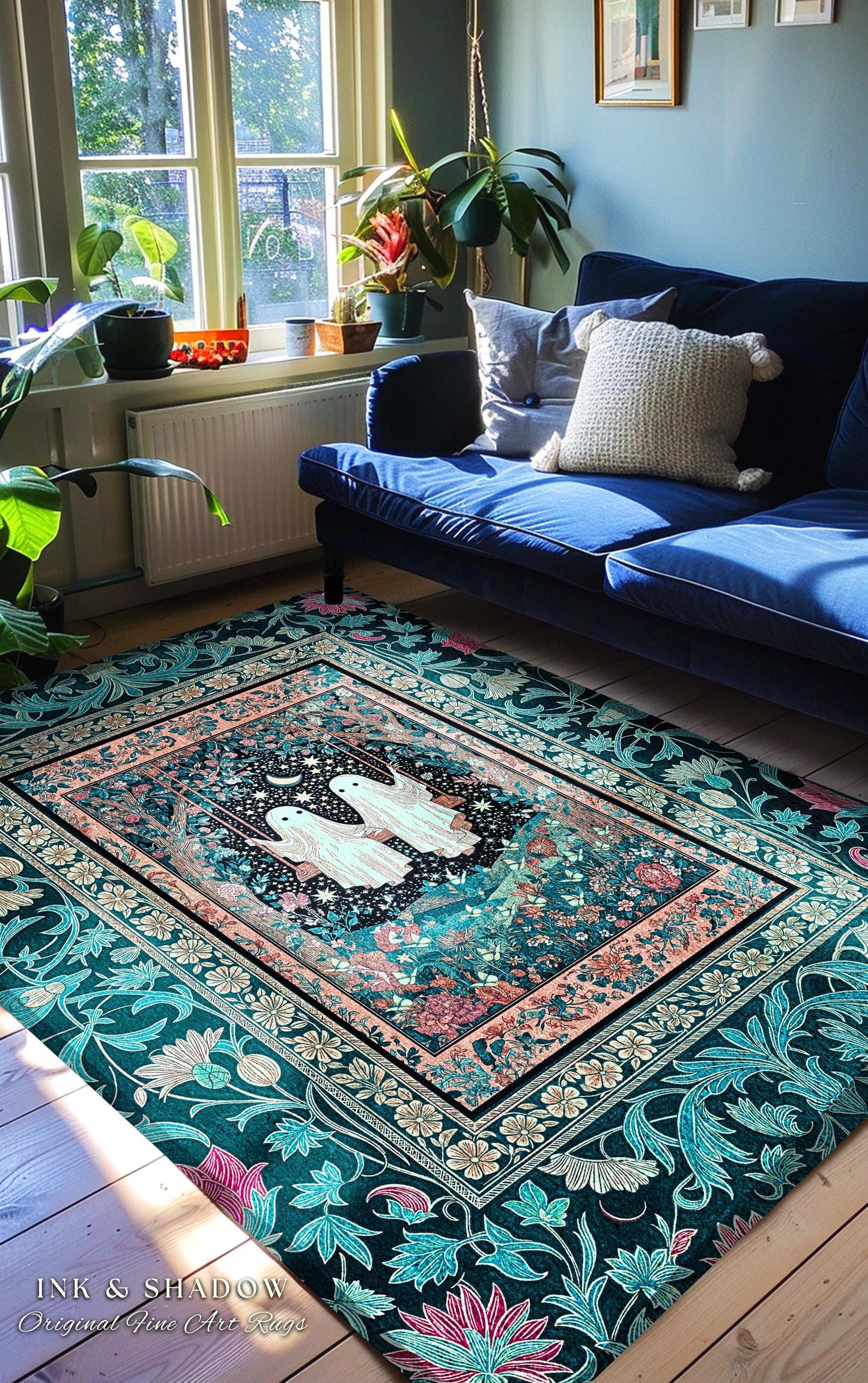 Starlit Ghost Swing Moody Area Rug | Celestial Bedroom Decor Autumn Aesthetic Dark Forest Gothic Accent Witchcore Cottagecore Fairytale Art