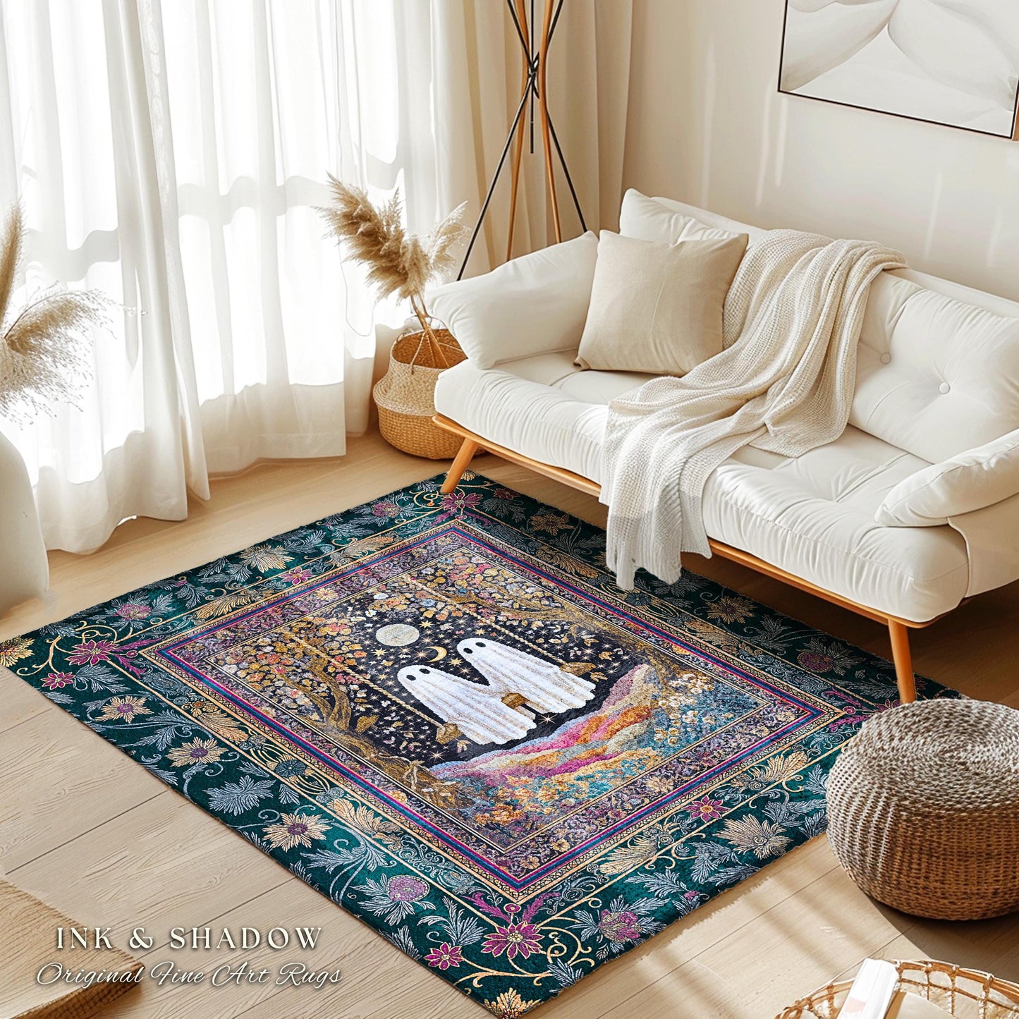 Moody Moonlit Forest Swing Ghost Rug | Celestial Lovers Area Rug Gothic Cottagecore Decor Witchy Accent Witchcore Fairytale Autumn Aesthetic