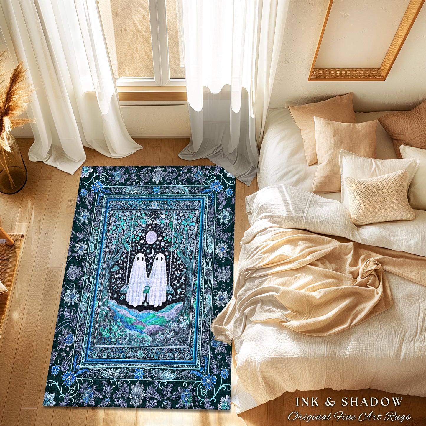 Teal Moonight Witchy Ghost Area Rug | Mystical Forest Bedroom Accent Halloween Decor Folklore-Inspired Floral Gothic Whimsigothic Style Rug