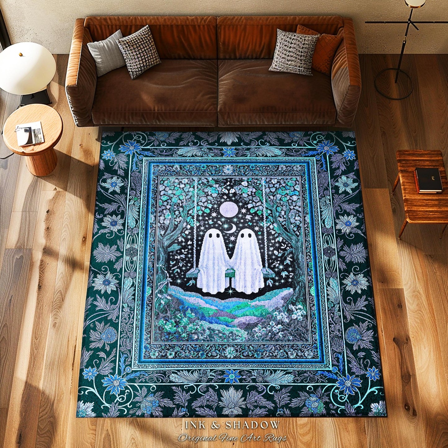 Teal Moonight Witchy Ghost Area Rug | Mystical Forest Bedroom Accent Halloween Decor Folklore-Inspired Floral Gothic Whimsigothic Style Rug