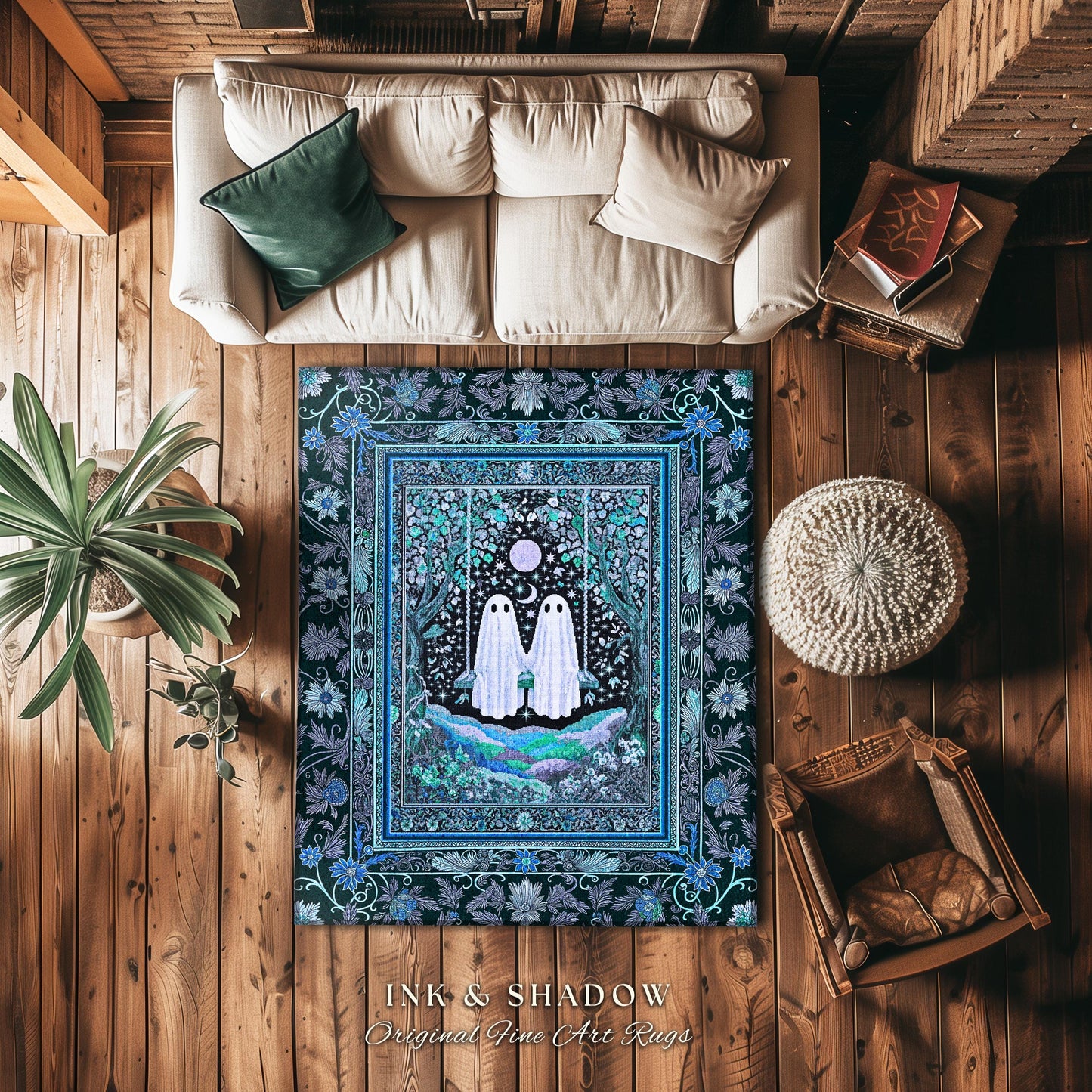Teal Moonight Witchy Ghost Area Rug | Mystical Forest Bedroom Accent Halloween Decor Folklore-Inspired Floral Gothic Whimsigothic Style Rug