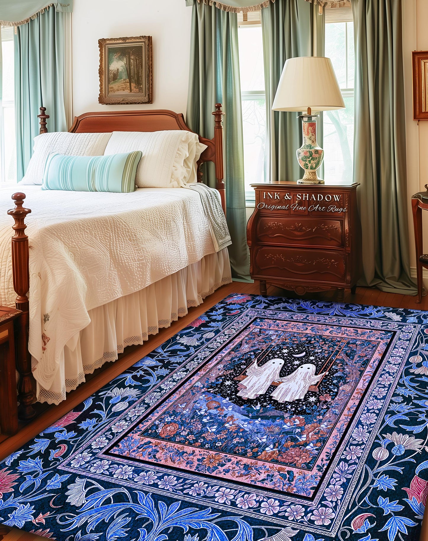 Midnight Magic Ghosts Area Rug | Enchanted Forest Bedroom Moody Accent Pastel Folklore-Inspired Whimsigoth Halloween Style Romantic Decor |