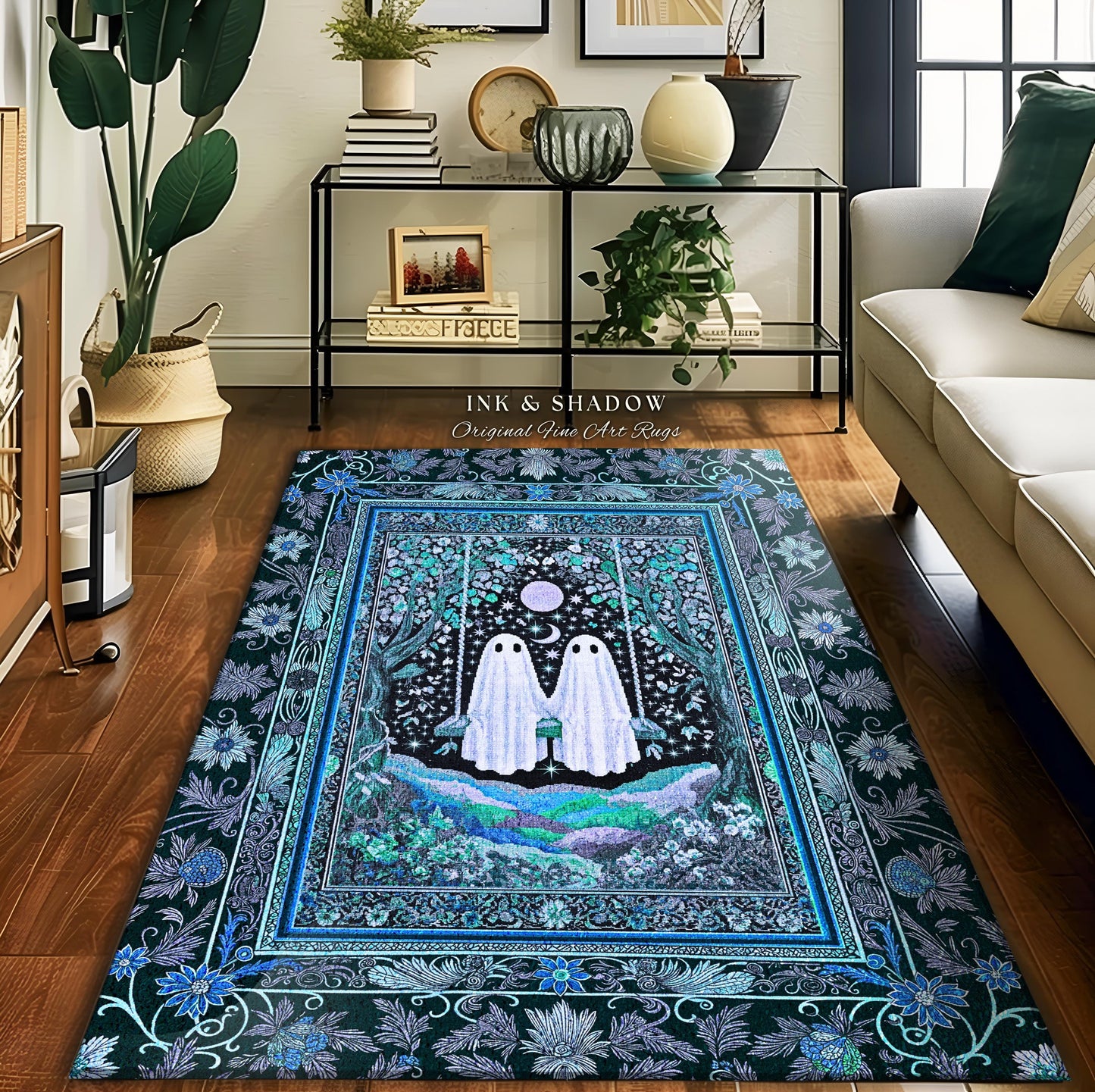 Teal Moonight Witchy Ghost Area Rug | Mystical Forest Bedroom Accent Halloween Decor Folklore-Inspired Floral Gothic Whimsigothic Style Rug