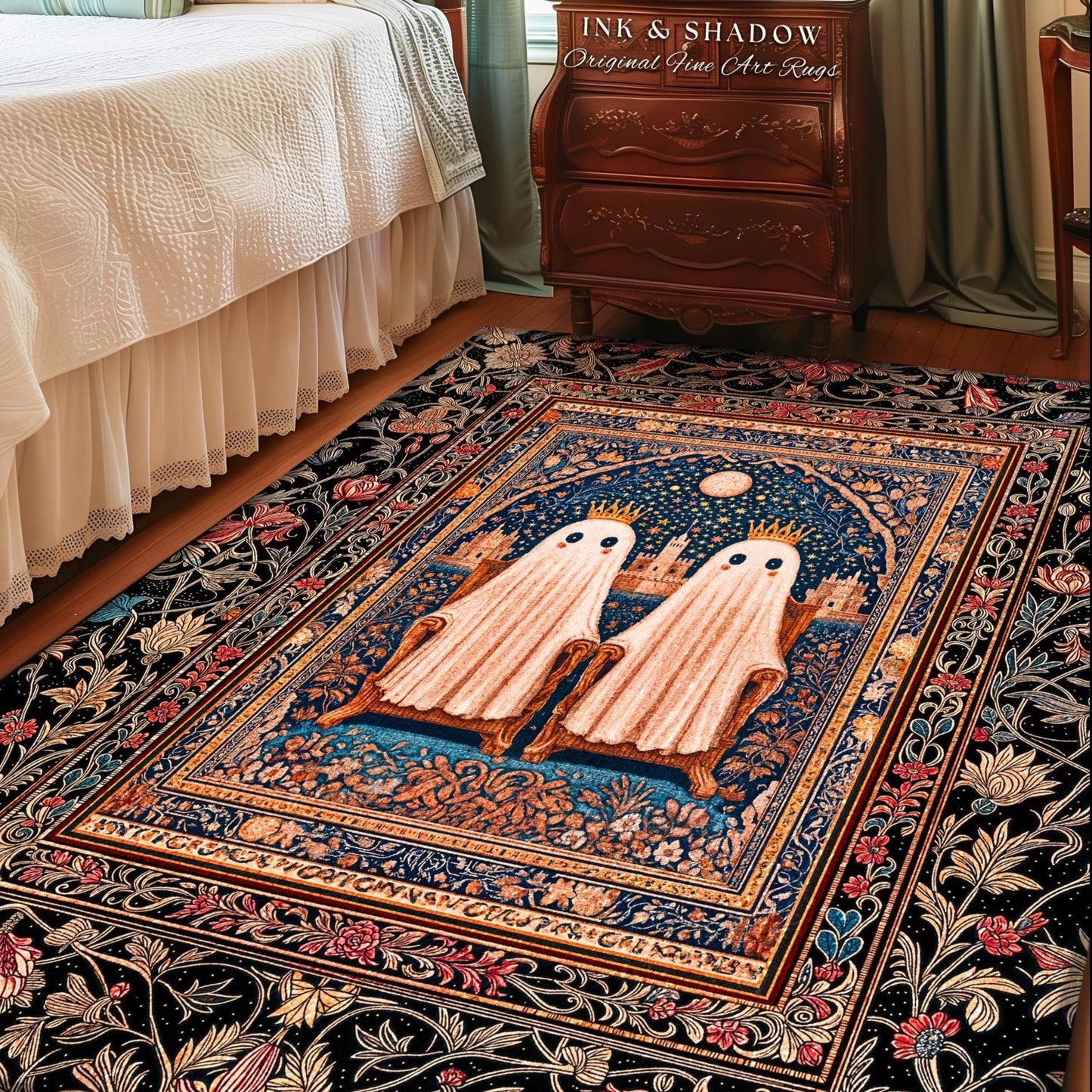 Kindred Spirits Royal Area Rug | Cute Halloween Home Accent Cozy Gothic Decor Dark Academia Style Ghost Motif Rug Whimsigoth Decor Bohemian