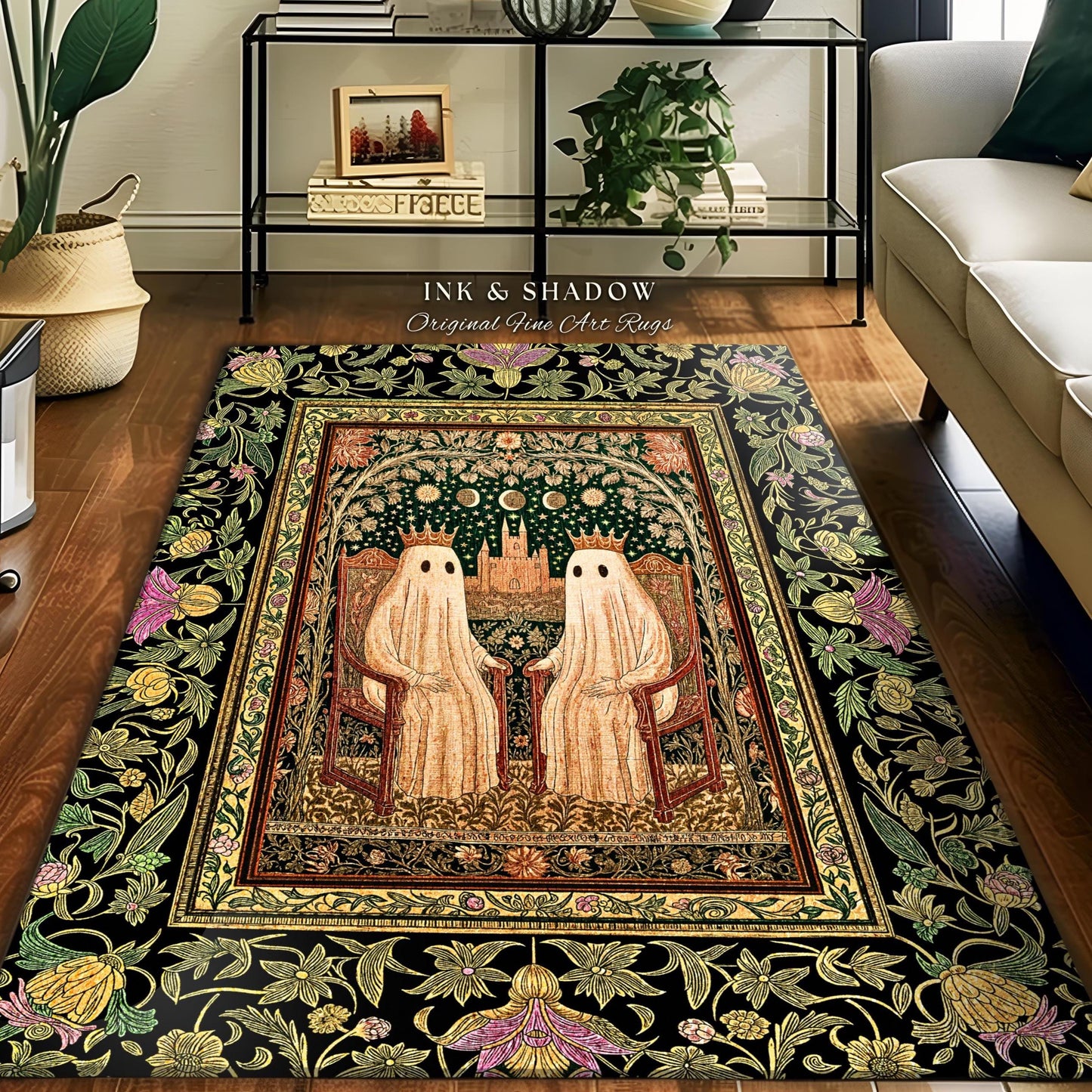 Royal Moonlit Ghost Lovers Rug | Cozy Gothic Bedroom Whimsigoth Style Dark Academia Aesthetic Haunted Halloween Cozy Accent Eclectic Decor