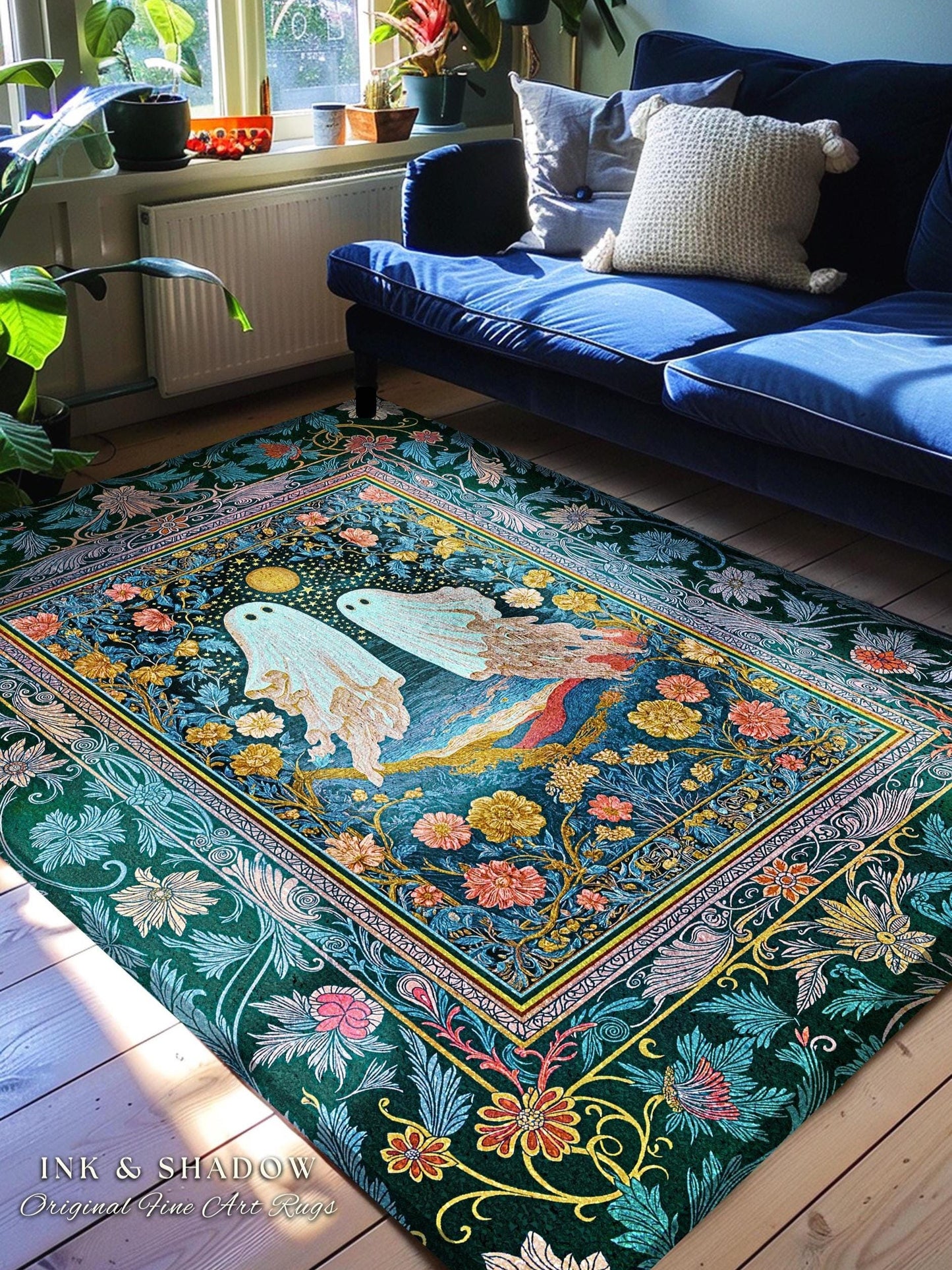 Pastel Florals Whimsical Ghost Rug | Light Academia Bedroom Accent Witchy Decor Whimsigoth Halloween Cute Gothic Cottagecore Aesthetic Room