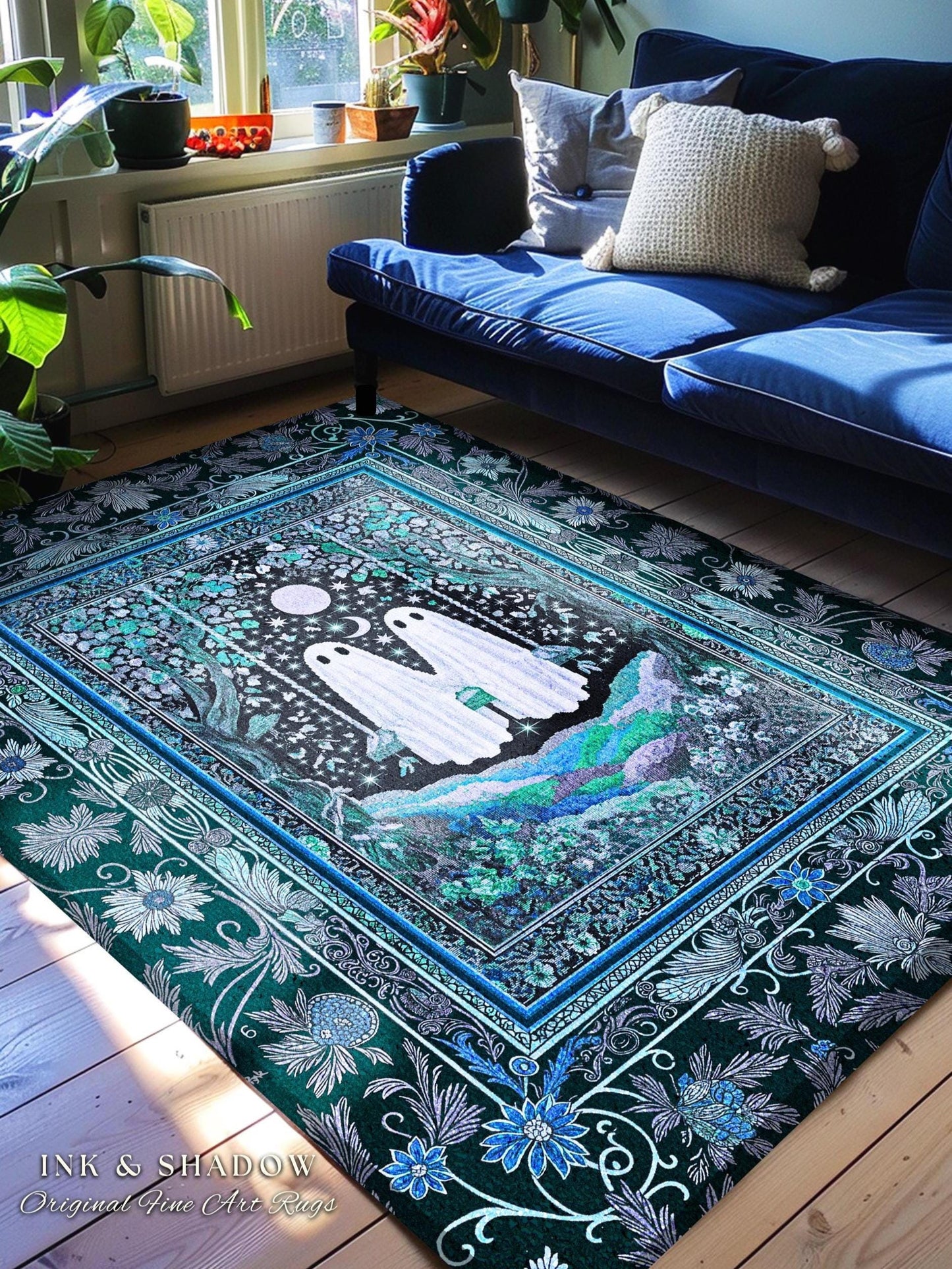 Teal Moonight Witchy Ghost Area Rug | Mystical Forest Bedroom Accent Halloween Decor Folklore-Inspired Floral Gothic Whimsigothic Style Rug