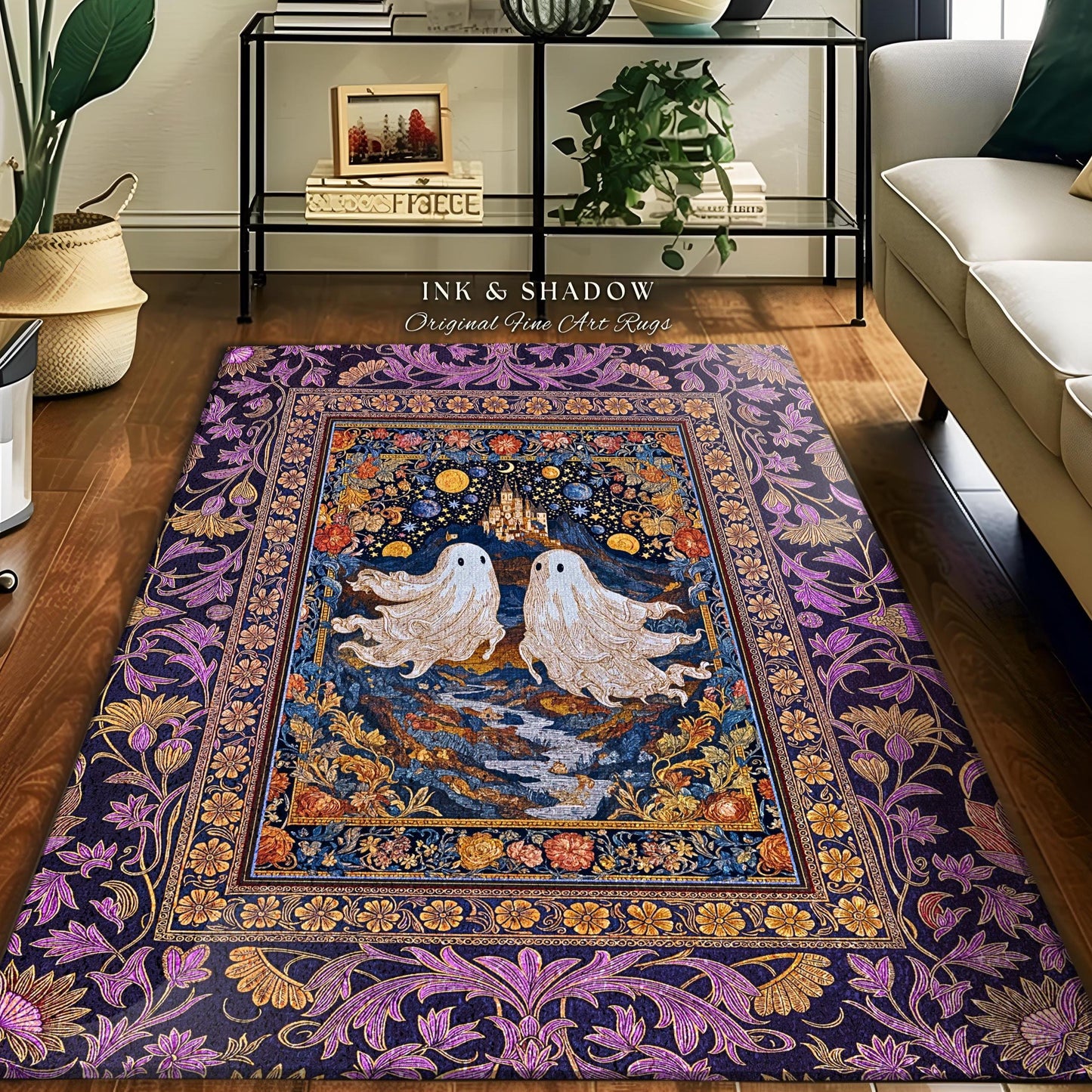 Rosy Aesthetic Celestial Ghost Rug | Gothic Ghost Lovers Bedroom Spooky Season Decor Witchy Style Fantasy Accent Baroque Fairytale Whimsy |