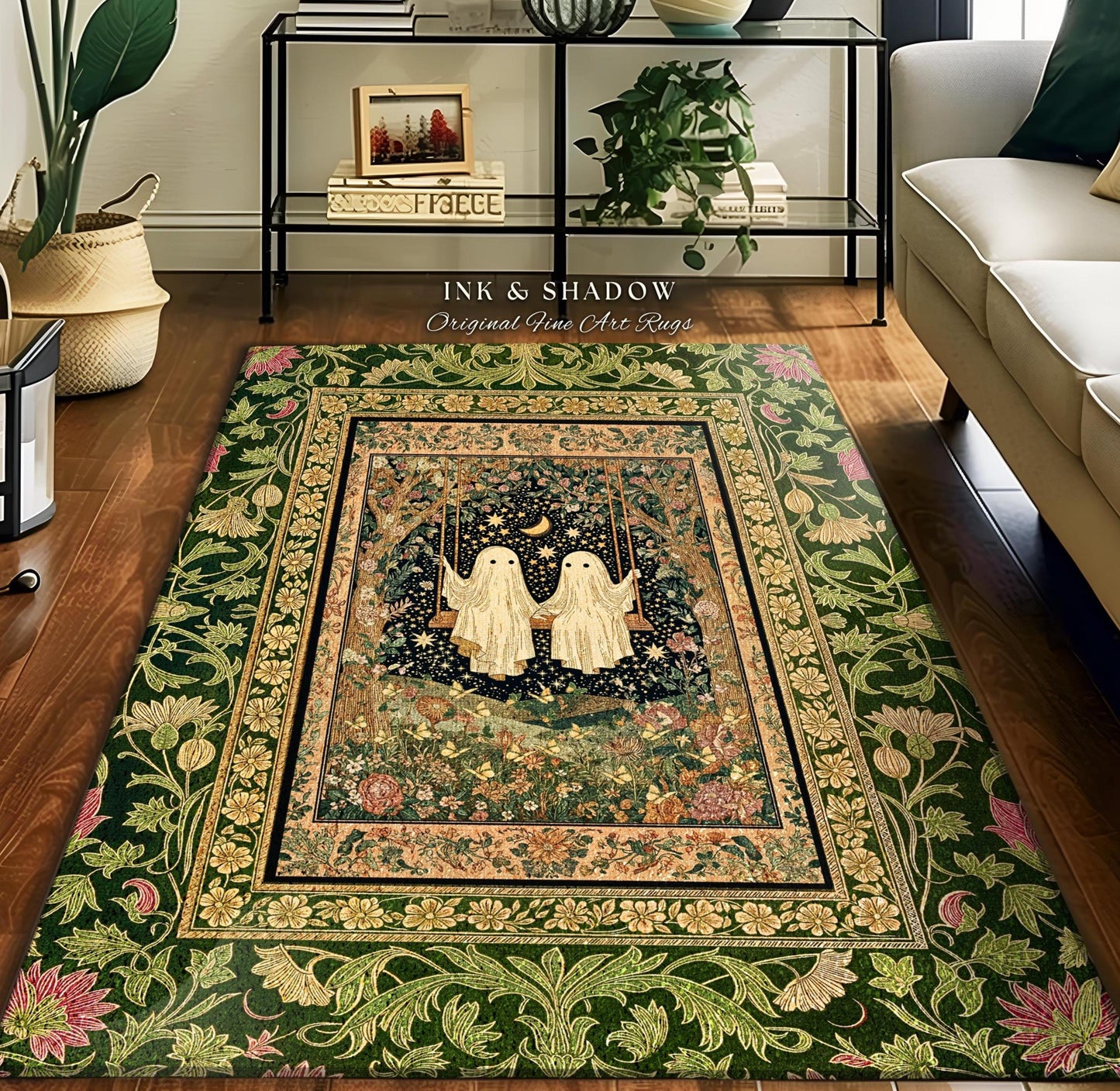 Ghost Lovers on a Swing Rug | Ethereal Moonlit Lovers Area Rug Whimsical Bedroom Accent Mystical Aesthetic Gothic Witchy Fairycore Accent |