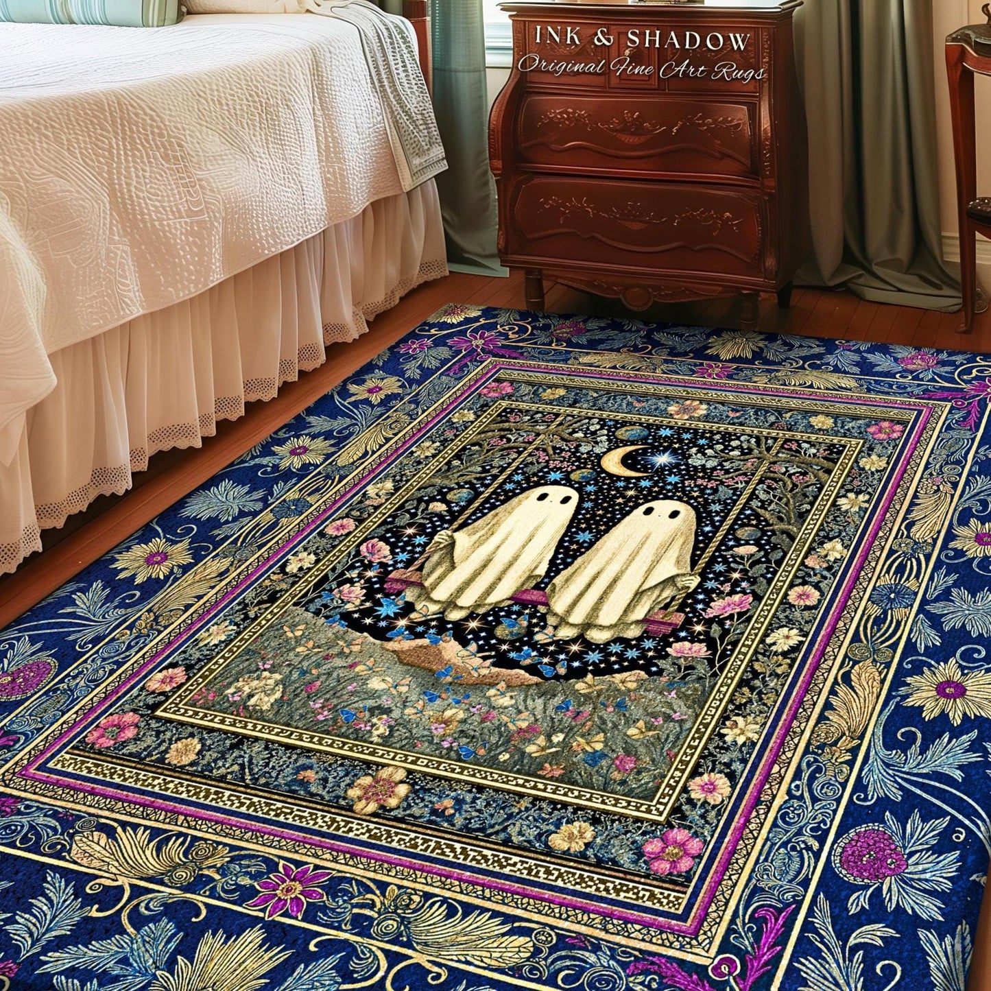 Whimsical Autumn Ghosts Accents Rug | Floral Ornate Bedroom Accent Autumnal Style Whimsigoth Decor Halloween Wallflower Cottagecore Rug Cute