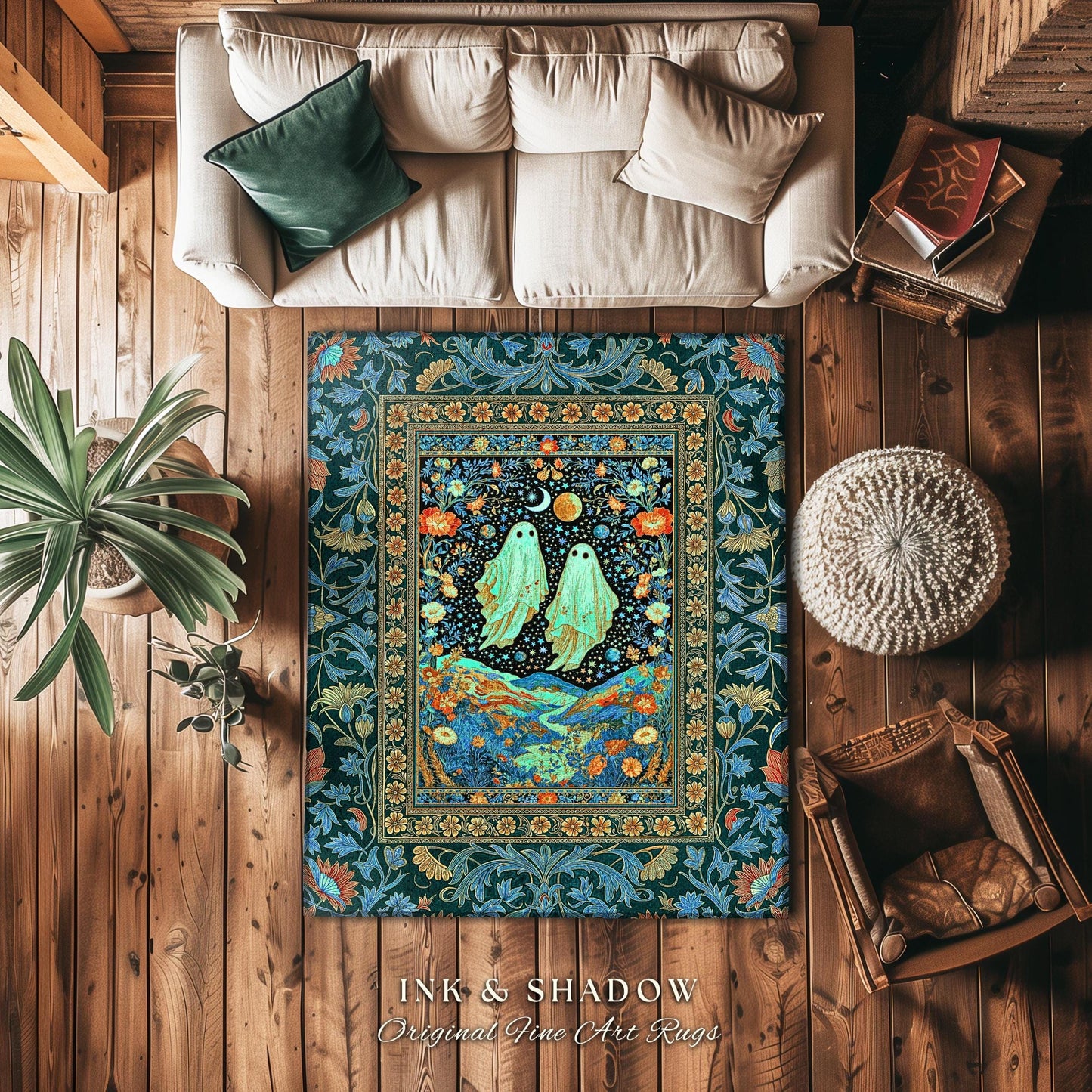 Starry Sky Spirit Couple Area Rug | Ethereal Whimsigothic Home Accent Dark Academia Aesthetic Celestial Gothic Cottagecore Cosmic Vibe Decor