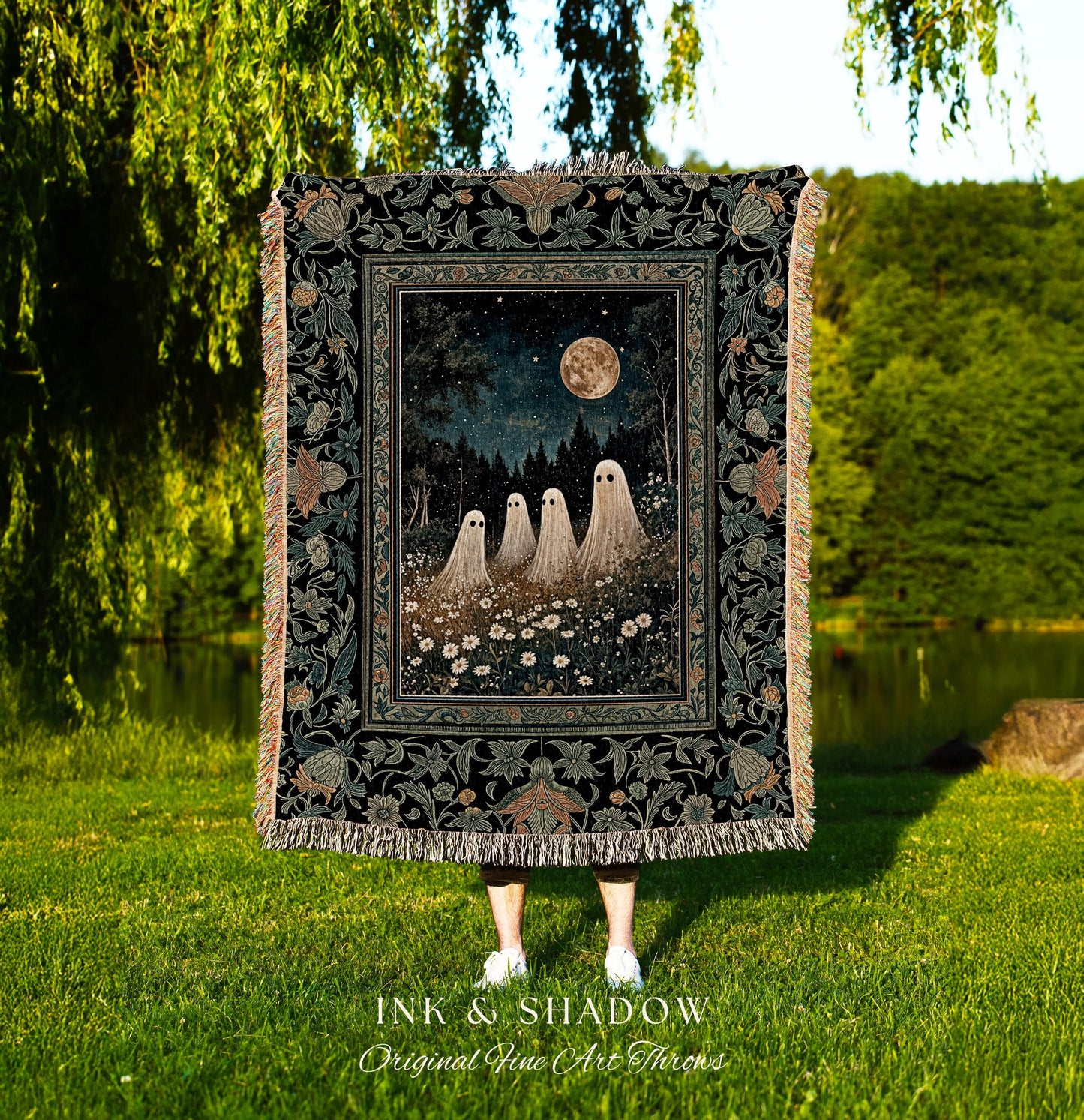 Mystic Full Moon Ghost Family Tapestry | Floral Halloween Woven Blanket Whimsigoth Gothic Mysticism Witchy Maximalist Throw Spooky Decor |