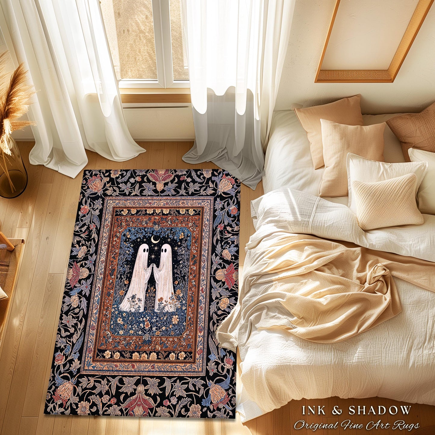 Cute Moonlit Botanical Ghost Area Rug | Whimsical Cottagecore Gothic Bedroom Decor Mystical Fall Accent Witchy Floral Enchanted Aesthetic |