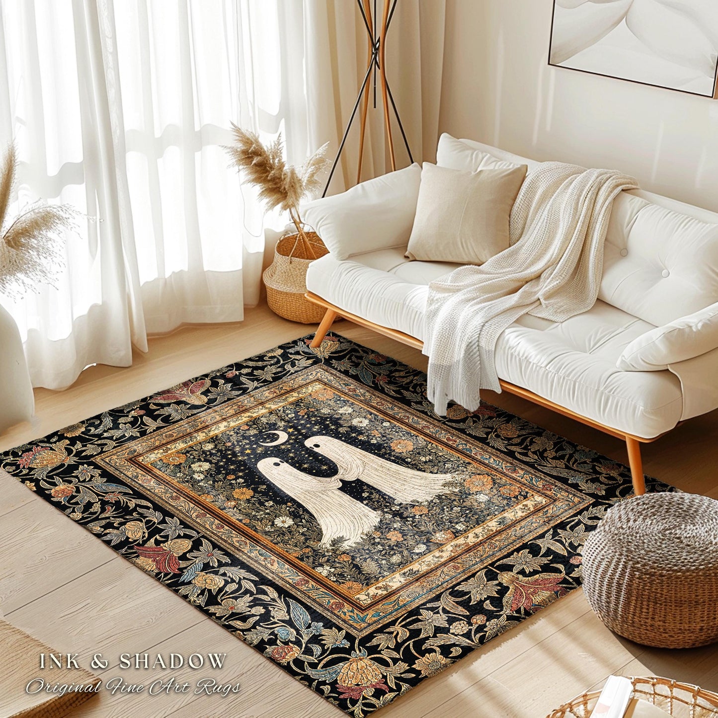 Celestial Starlit Lovers Area Rug | Celestial Cottagecore Halloween Ghost Accent Gothic Bedroom Decor Cozy Dark Floral Whimsigoth Aesthetic