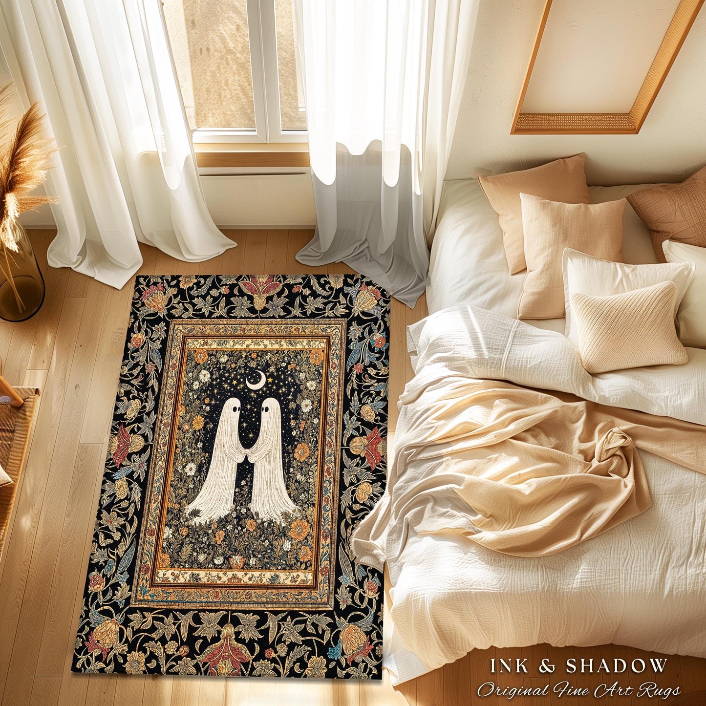 Celestial Starlit Lovers Area Rug | Celestial Cottagecore Halloween Ghost Accent Gothic Bedroom Decor Cozy Dark Floral Whimsigoth Aesthetic