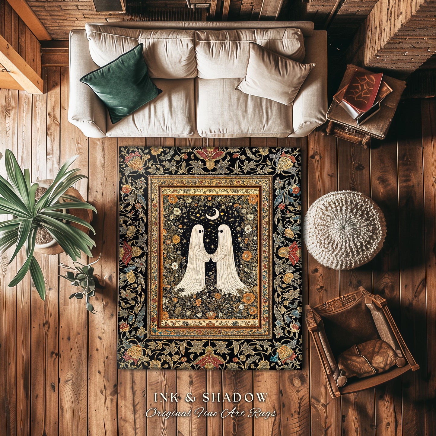 Celestial Starlit Lovers Area Rug | Celestial Cottagecore Halloween Ghost Accent Gothic Bedroom Decor Cozy Dark Floral Whimsigoth Aesthetic