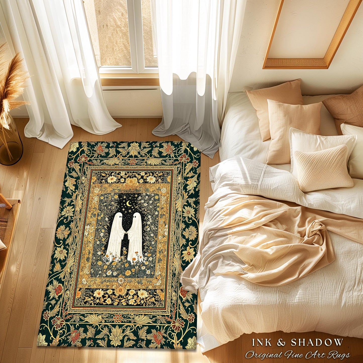 Golden Ornate Floral Ghost Rug | Cottagecore Gothic Decor Cozy Bedroom Accent Whimsical Rug Dark Academia Aesthetic Whimsigoth Home Style |
