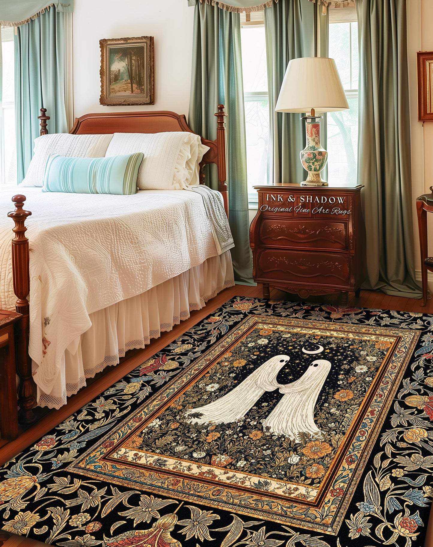 Celestial Starlit Lovers Area Rug | Celestial Cottagecore Halloween Ghost Accent Gothic Bedroom Decor Cozy Dark Floral Whimsigoth Aesthetic