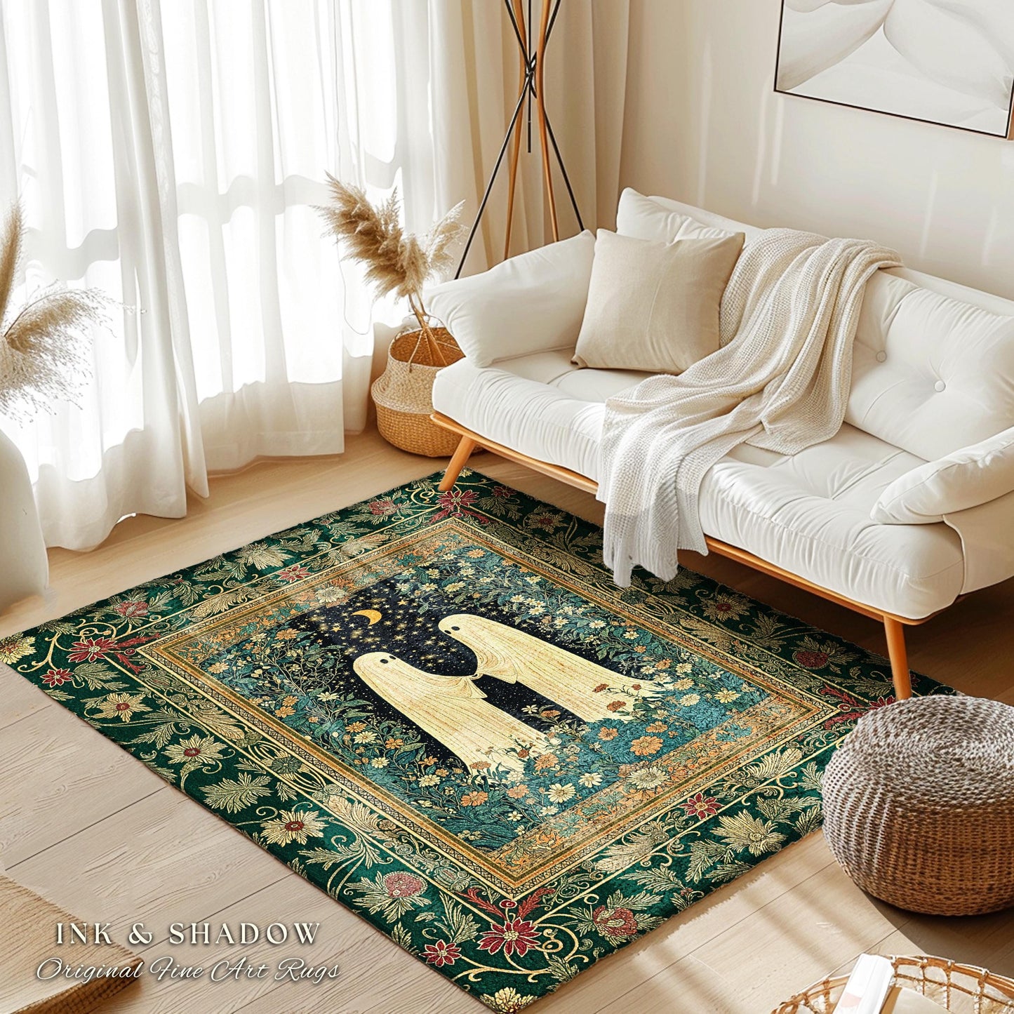 Romantic Cozy Ghost Friends Area Rug | Celestial Cottagecore Witchy Decor Gothic Bedroom Accent Whimsigoth Aesthetic Folklore Inspired Rug |