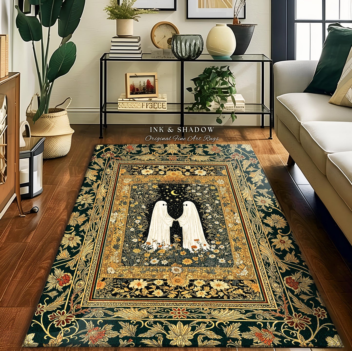 Golden Ornate Floral Ghost Rug | Cottagecore Gothic Decor Cozy Bedroom Accent Whimsical Rug Dark Academia Aesthetic Whimsigoth Home Style |