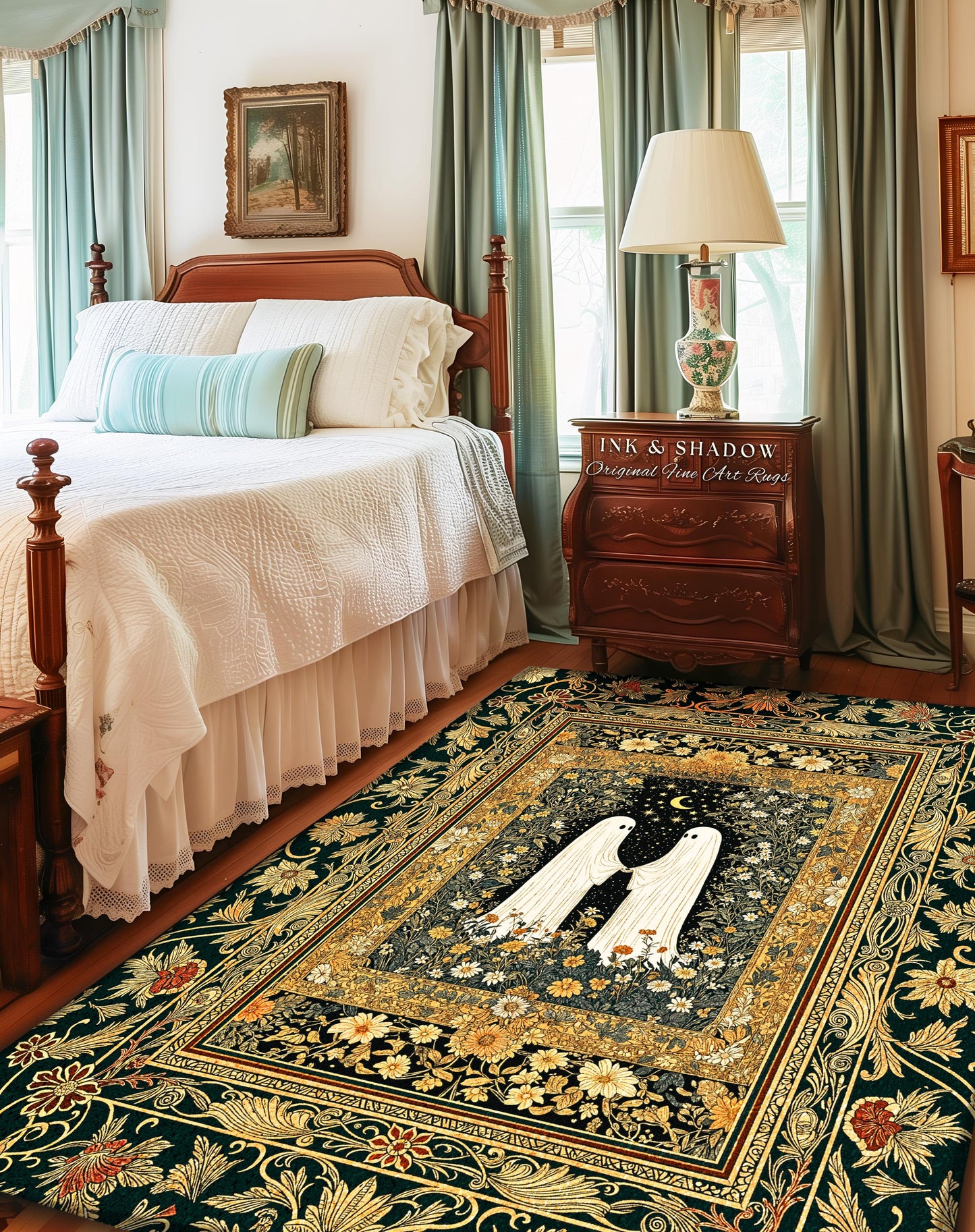 Golden Ornate Floral Ghost Rug | Cottagecore Gothic Decor Cozy Bedroom Accent Whimsical Rug Dark Academia Aesthetic Whimsigoth Home Style |
