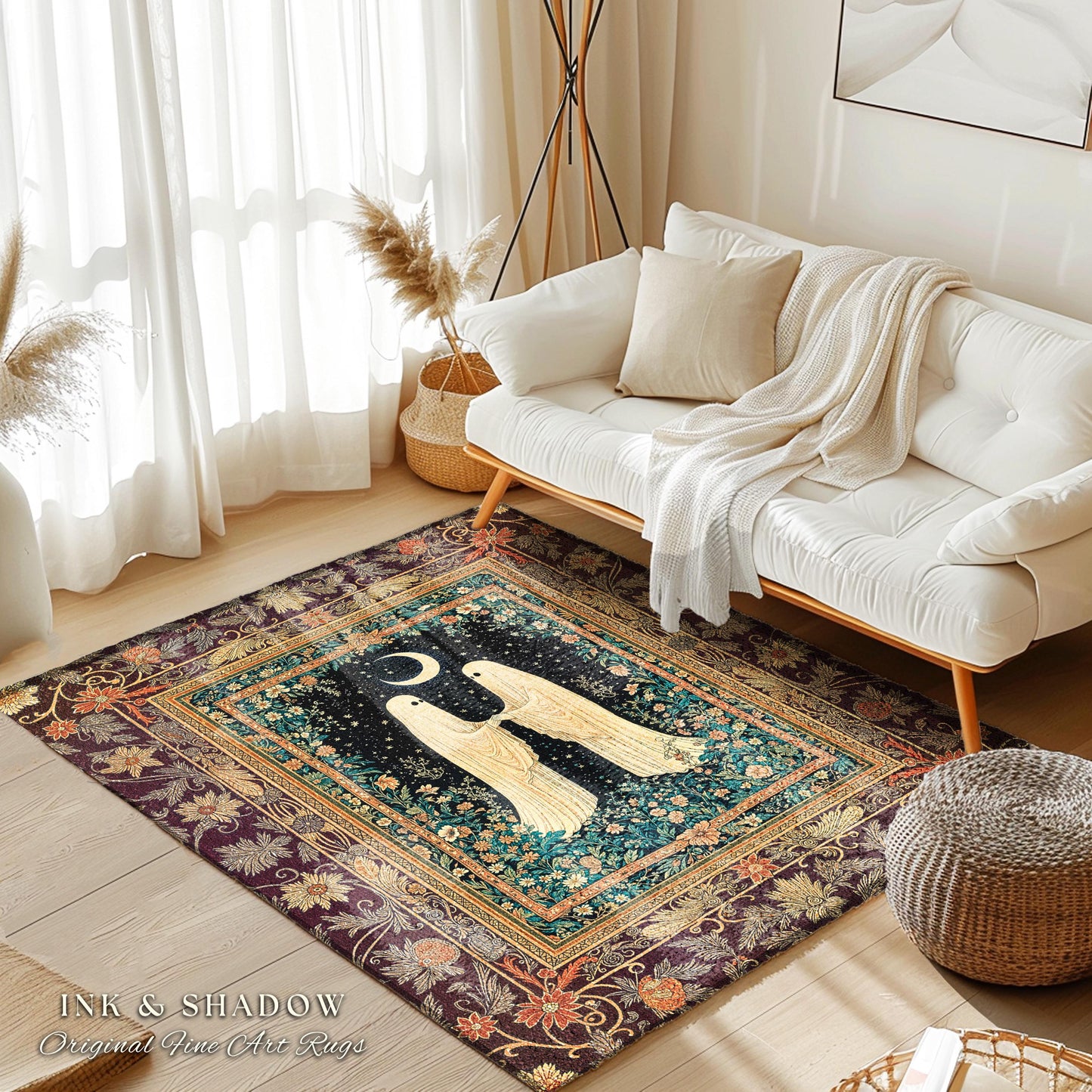 Crescent Moon Garden Ghosts Rug | Whimsical Cottagecore Bedroom Accent Haunted Decor Cozy Floral Whimsigoth Halloween Spirit Dark Academia |