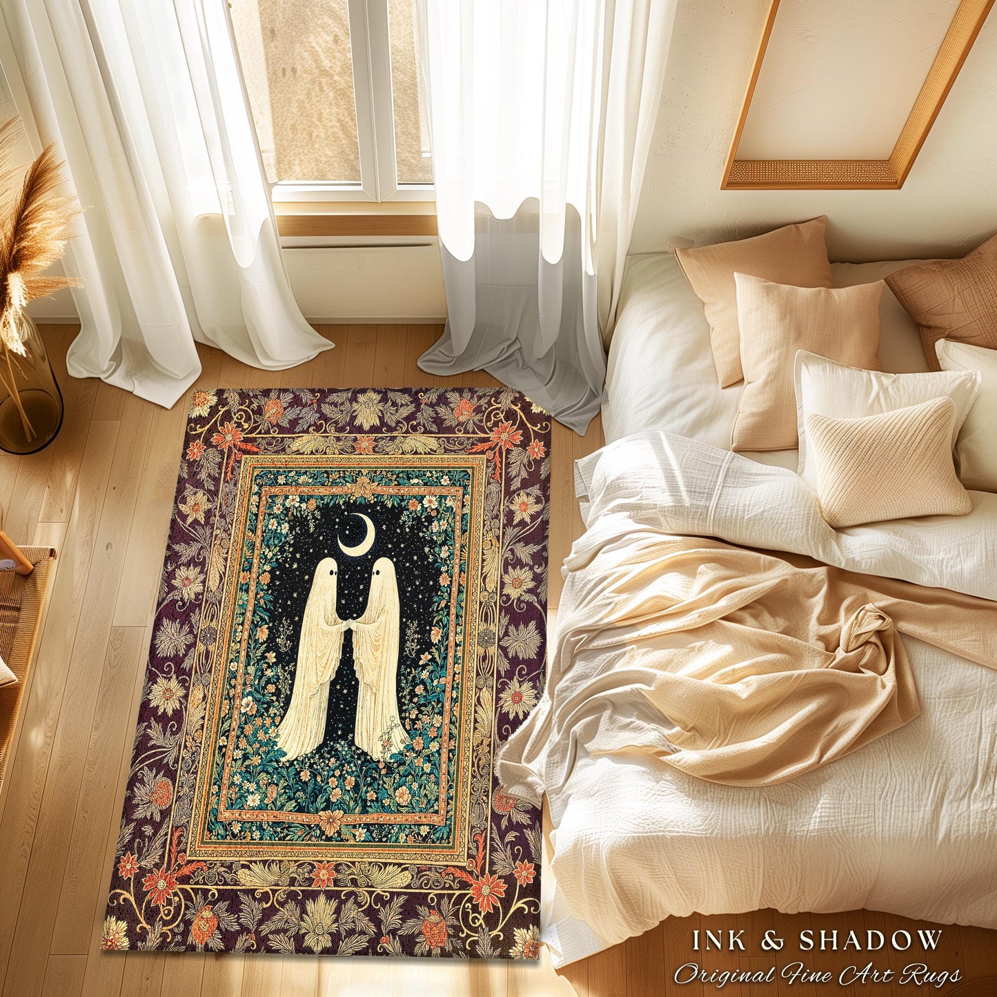 Crescent Moon Garden Ghosts Rug | Whimsical Cottagecore Bedroom Accent Haunted Decor Cozy Floral Whimsigoth Halloween Spirit Dark Academia |