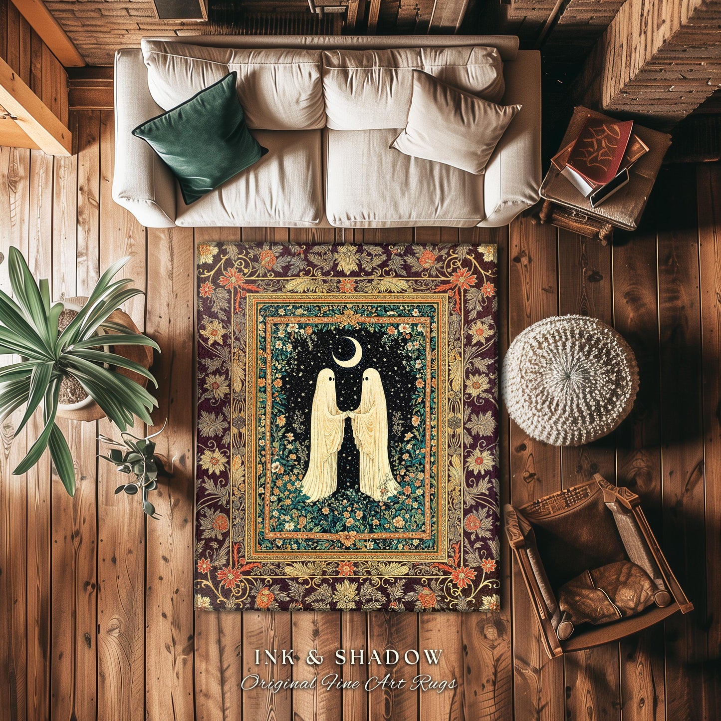 Crescent Moon Garden Ghosts Rug | Whimsical Cottagecore Bedroom Accent Haunted Decor Cozy Floral Whimsigoth Halloween Spirit Dark Academia |