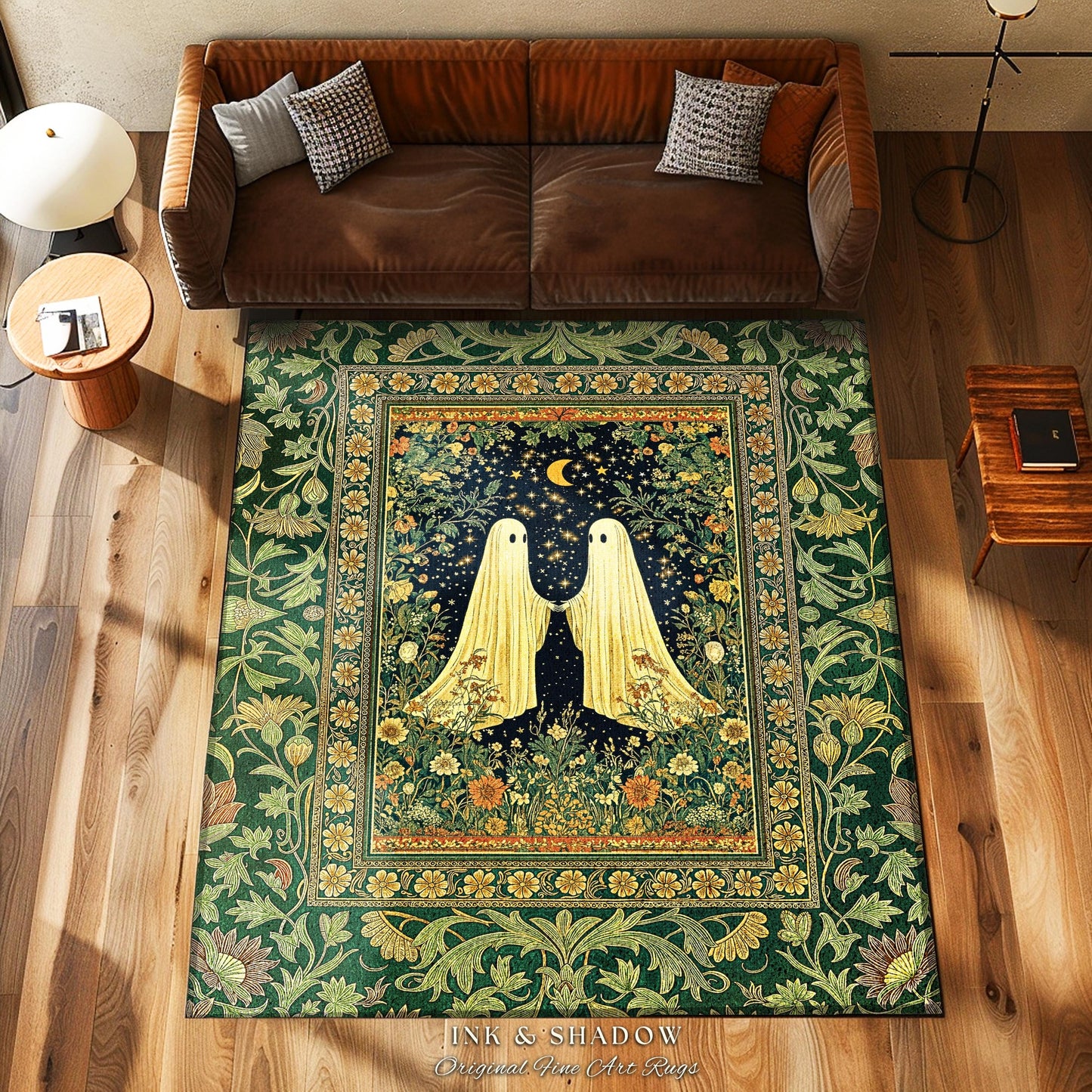 Haunted Meadow Ghost Area Rug | Cozy Cottagecore Bedroom Decor Floral Whimsigoth Cute Halloween Accent Enchanted Spirit Celestial Style Home
