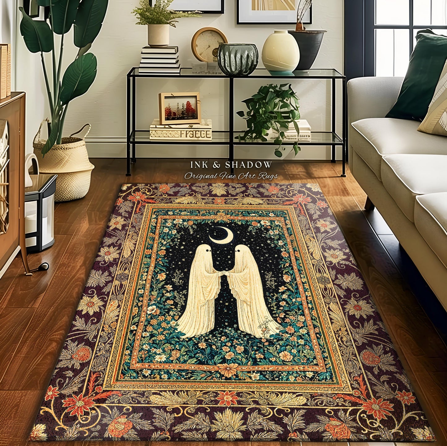 Crescent Moon Garden Ghosts Rug | Whimsical Cottagecore Bedroom Accent Haunted Decor Cozy Floral Whimsigoth Halloween Spirit Dark Academia |