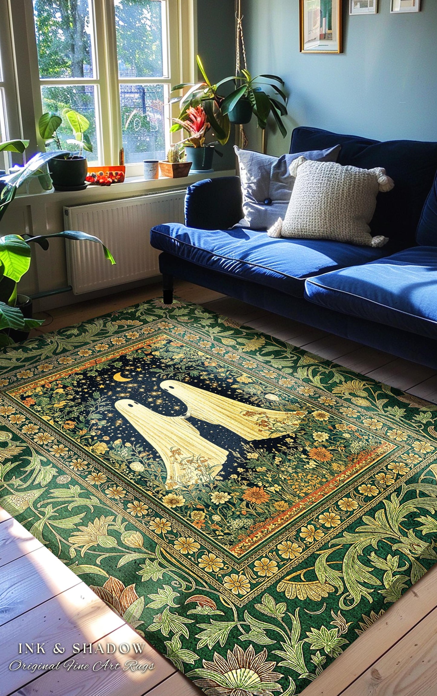 Haunted Meadow Ghost Area Rug | Cozy Cottagecore Bedroom Decor Floral Whimsigoth Cute Halloween Accent Enchanted Spirit Celestial Style Home
