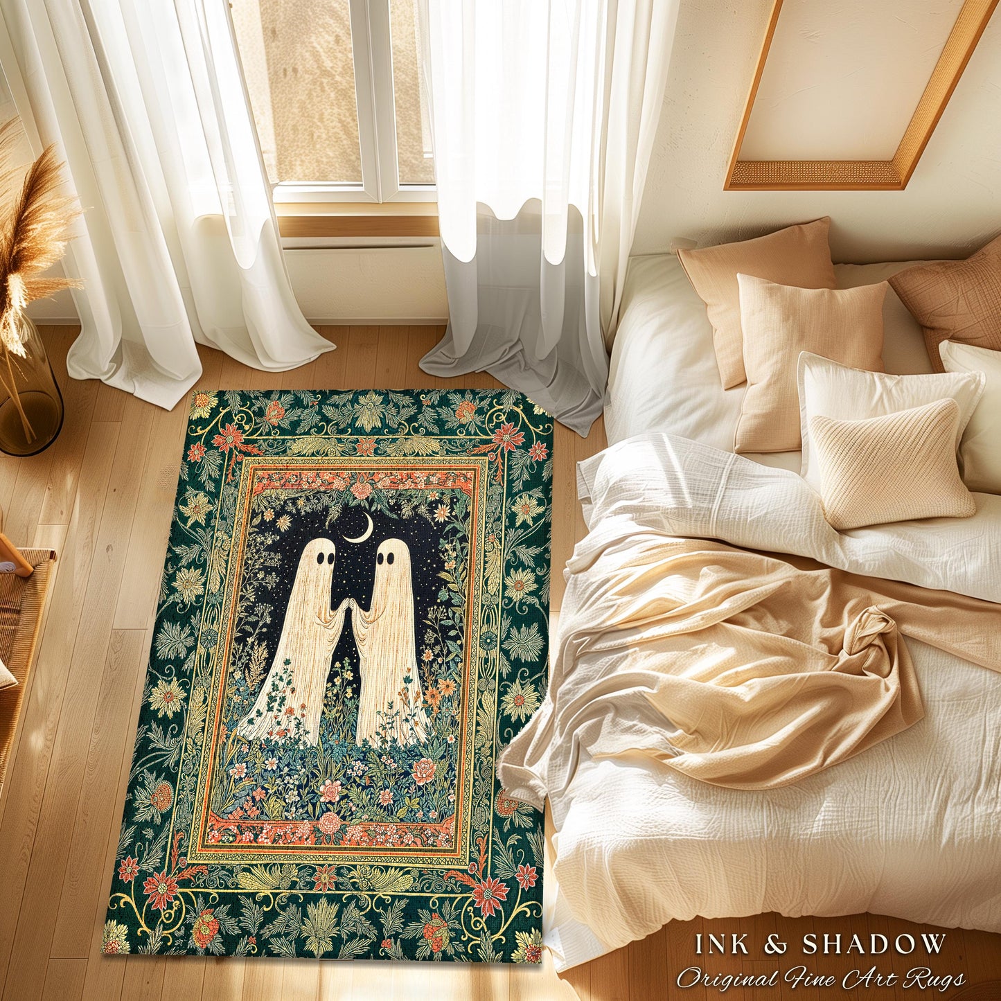 Wildflower Spirits Folklore Area Rug | Scandi Halloween Bedroom Decor Floral Whimsigoth Accent Enchanted Gothic Cozy Celestial Inspired Rug
