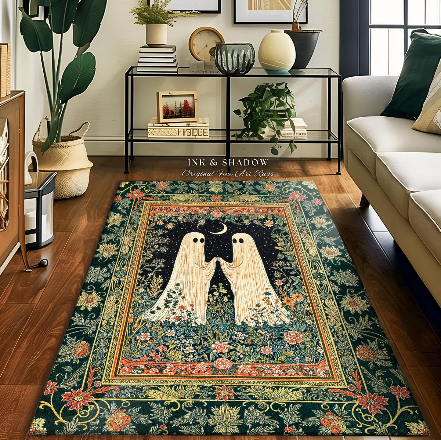 Wildflower Spirits Folklore Area Rug | Scandi Halloween Bedroom Decor Floral Whimsigoth Accent Enchanted Gothic Cozy Celestial Inspired Rug