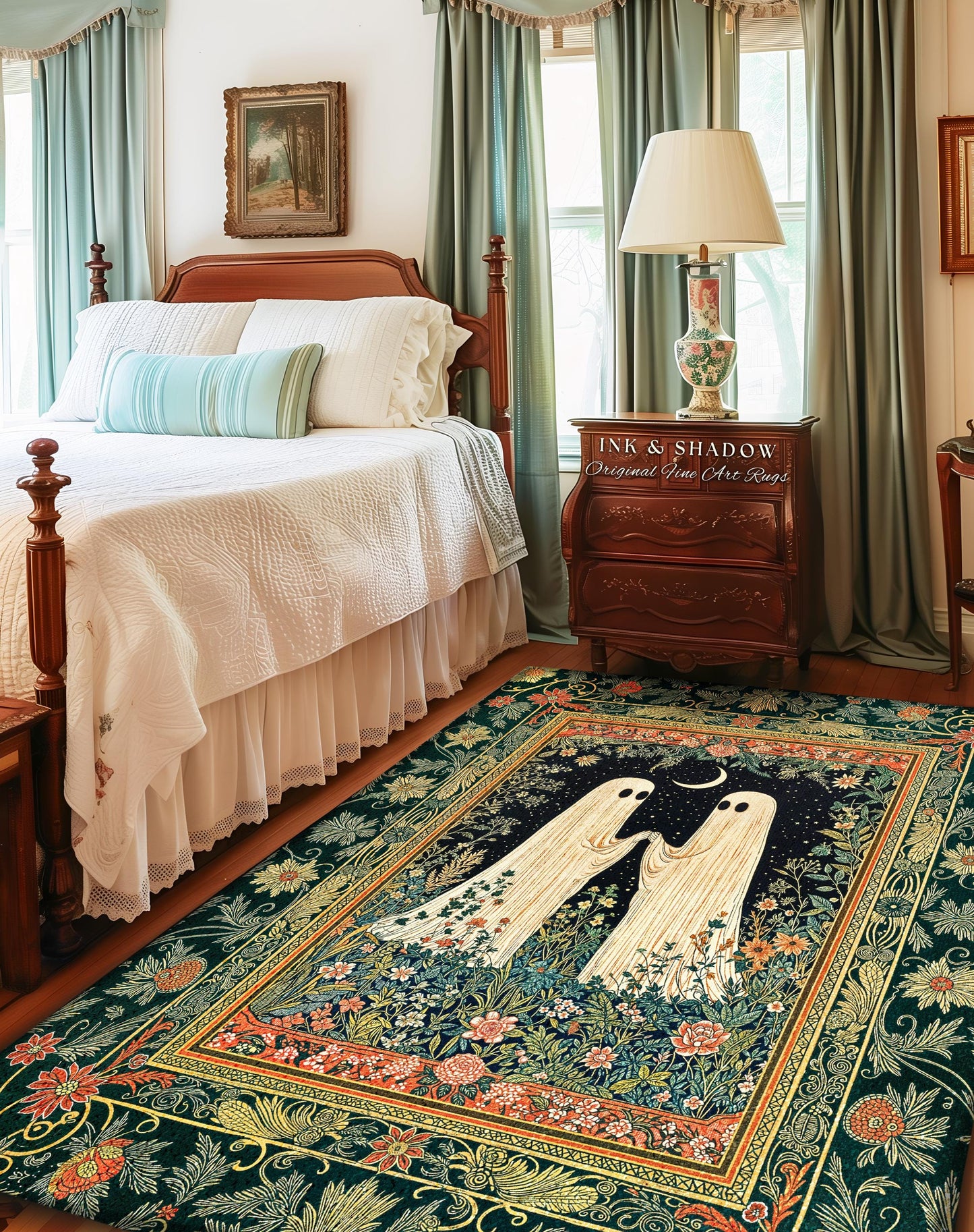 Wildflower Spirits Folklore Area Rug | Scandi Halloween Bedroom Decor Floral Whimsigoth Accent Enchanted Gothic Cozy Celestial Inspired Rug